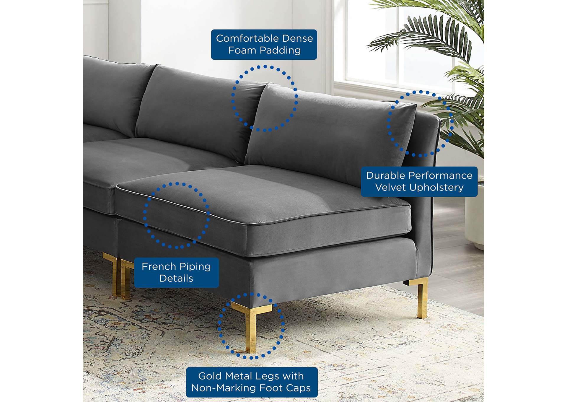 Gray Ardent 5-Piece Performance Velvet Sectional Sofa,Modway