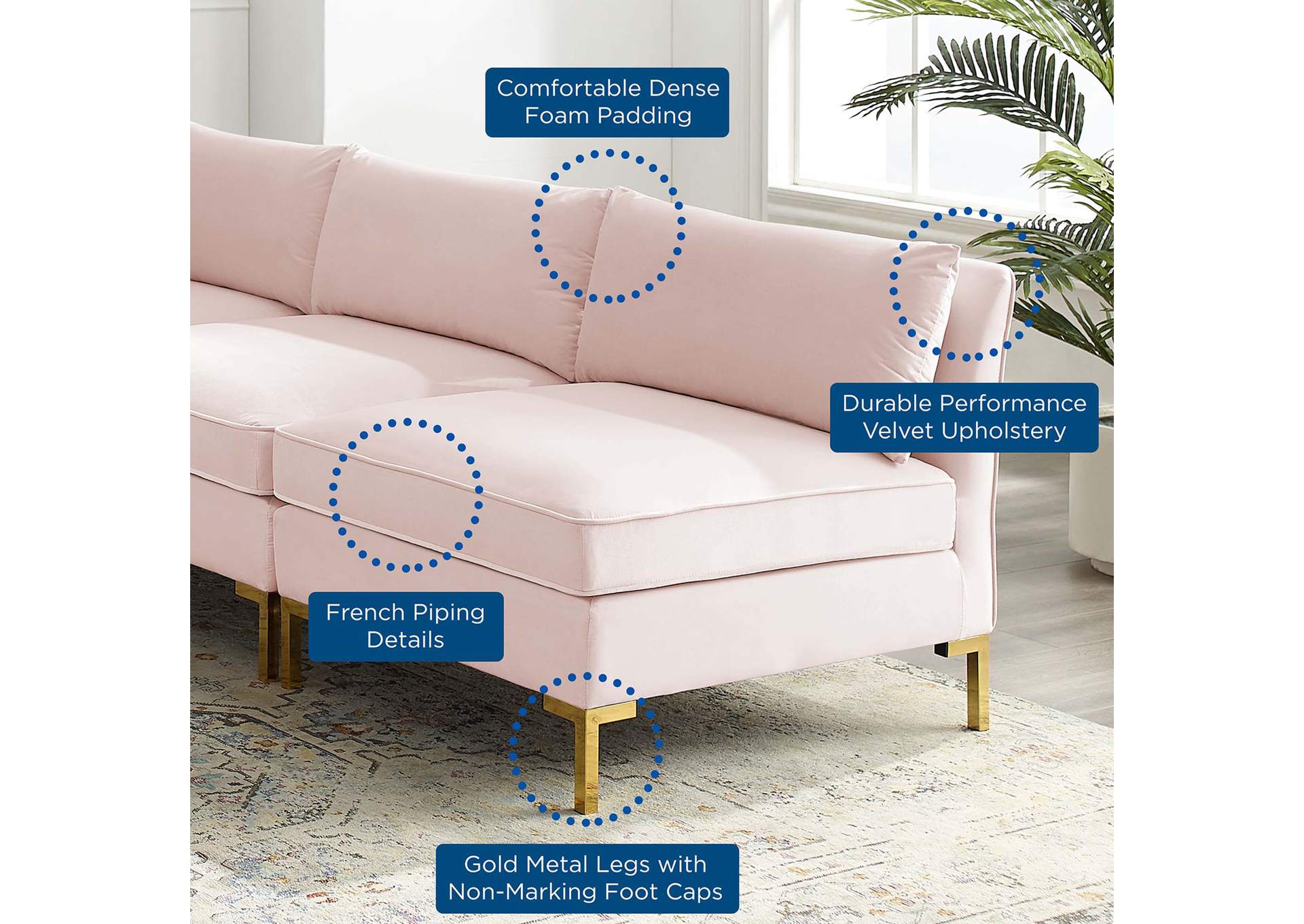 Pink Ardent 5-Piece Performance Velvet Sectional Sofa,Modway