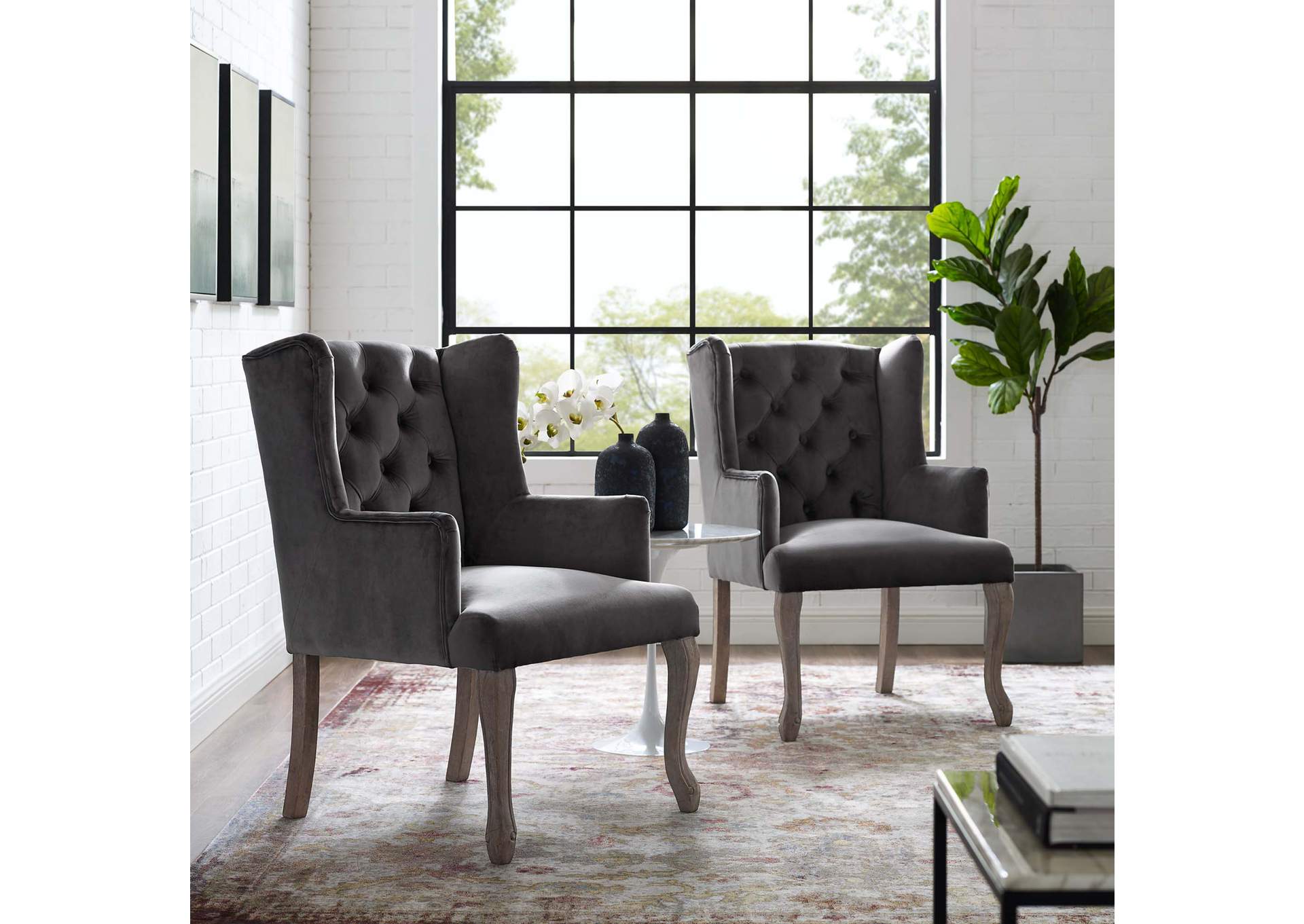 Gray Realm Arm Dining Chair Performance Velvet [Set of 2],Modway
