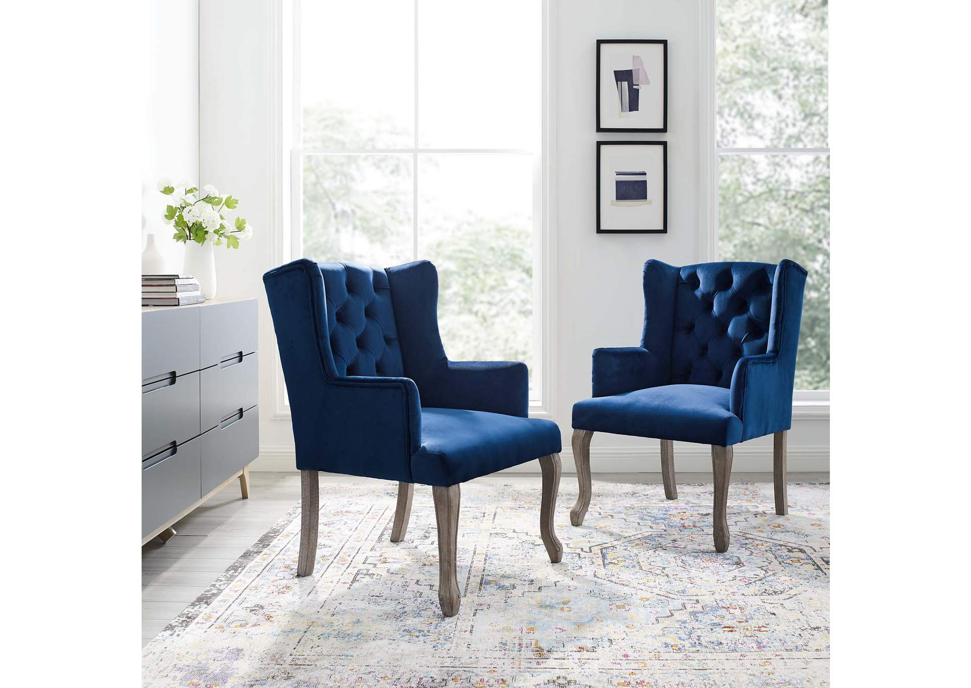 Navy Realm Arm Dining Chair Performance Velvet [Set of 2],Modway