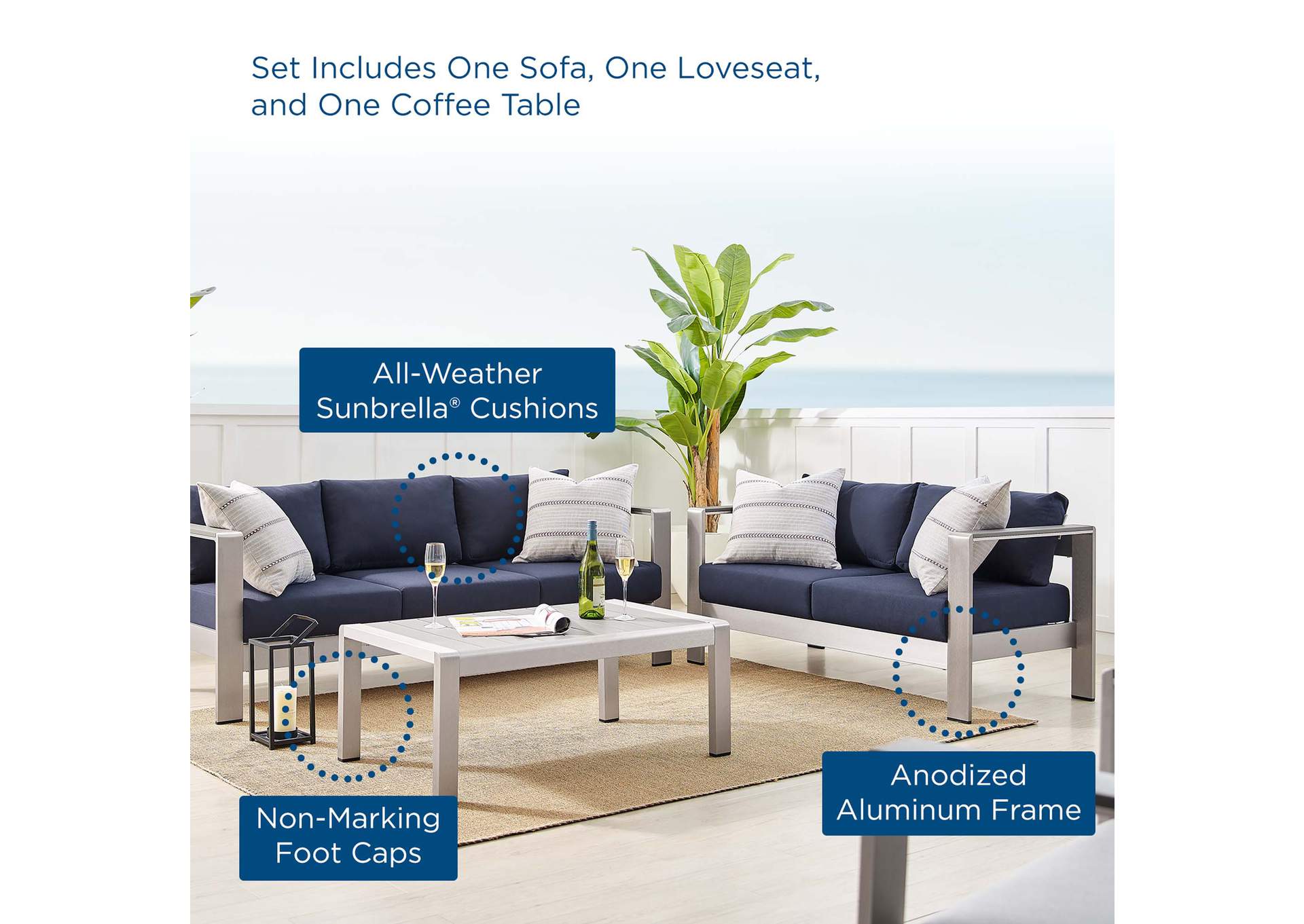 Silver Navy Shore Sunbrella,Modway