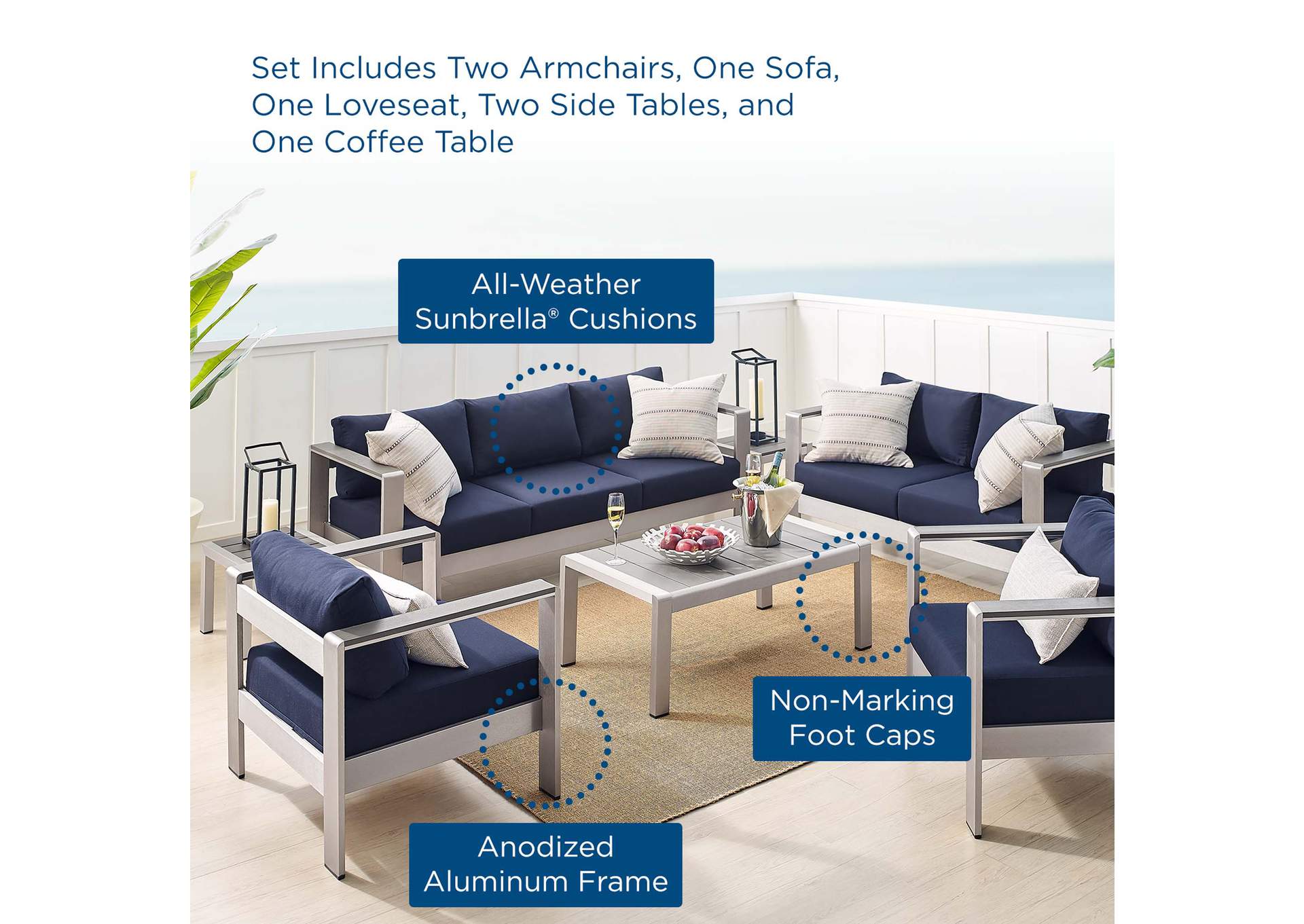 Silver Navy Shore Sunbrella,Modway