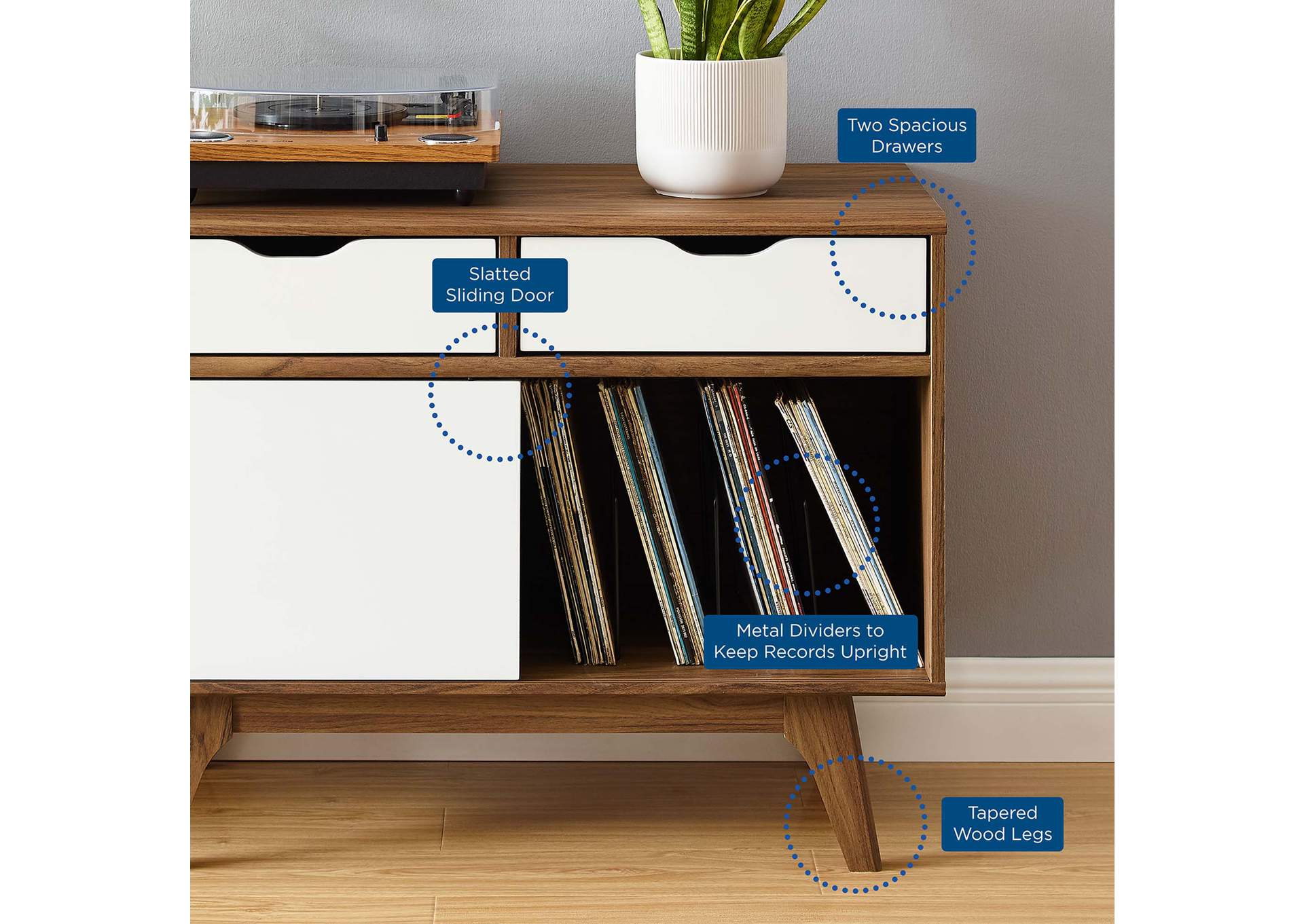 Walnut White Envision Vinyl Record Display Stand,Modway