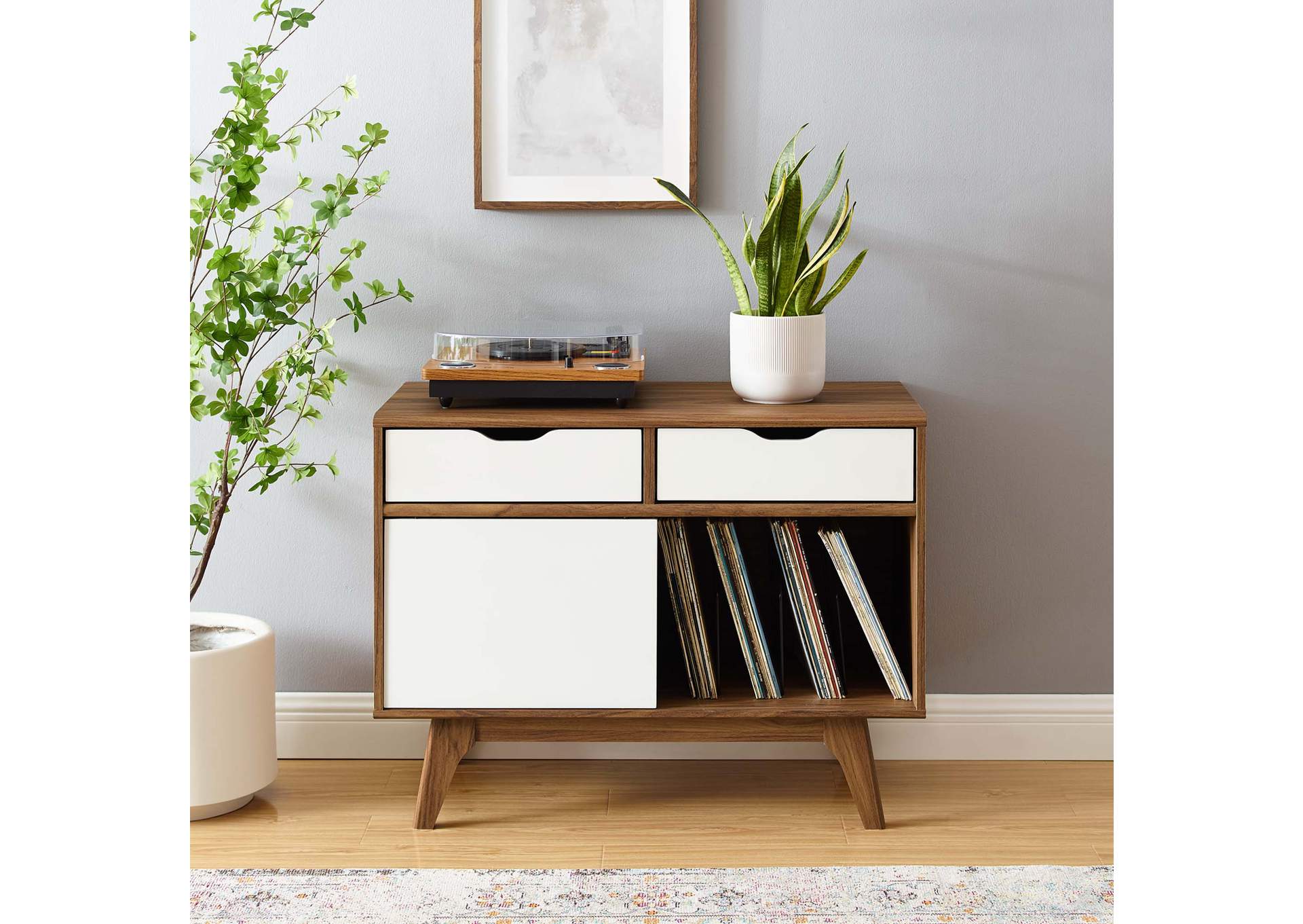 Walnut White Envision Vinyl Record Display Stand,Modway