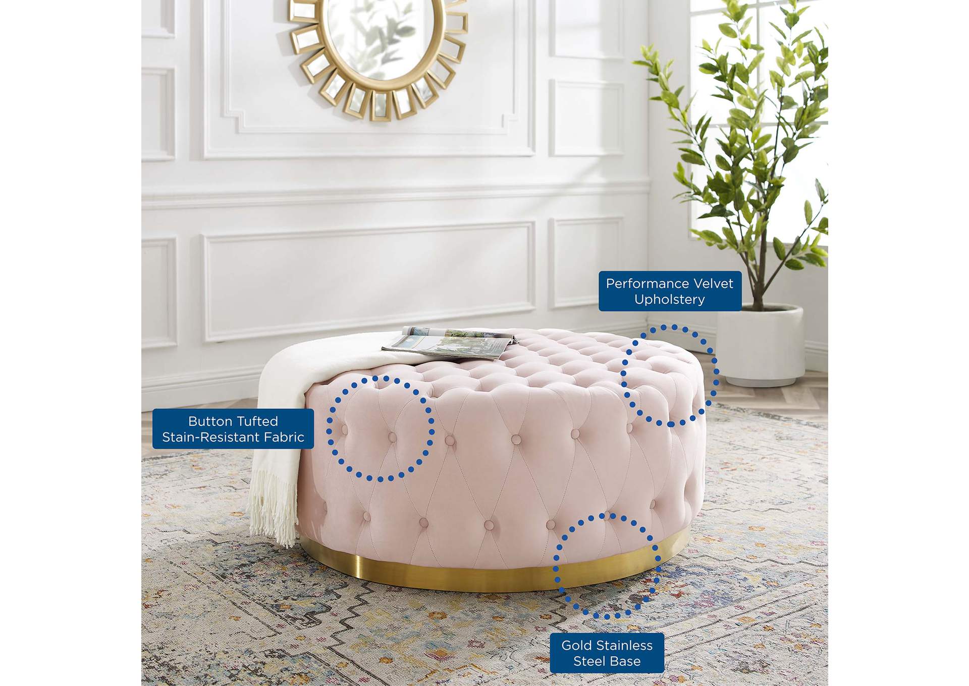 Pink Ensconce Tufted Performance Velvet Round Ottoman,Modway