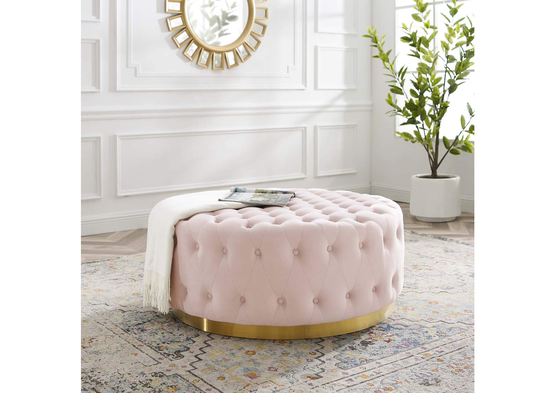 Pink Ensconce Tufted Performance Velvet Round Ottoman,Modway