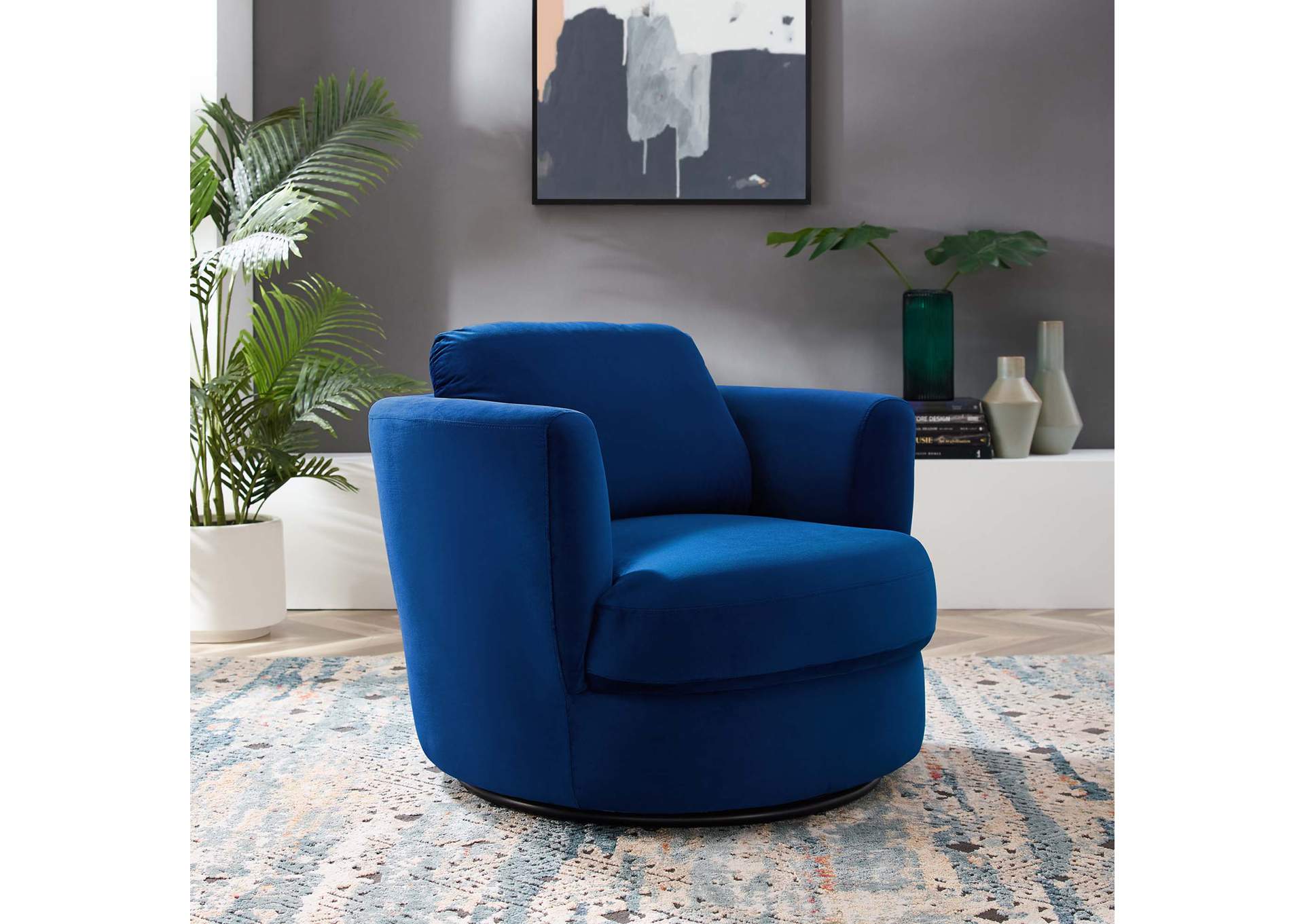 Navy Pirouette Performance Velvet Swivel Arm Chair,Modway