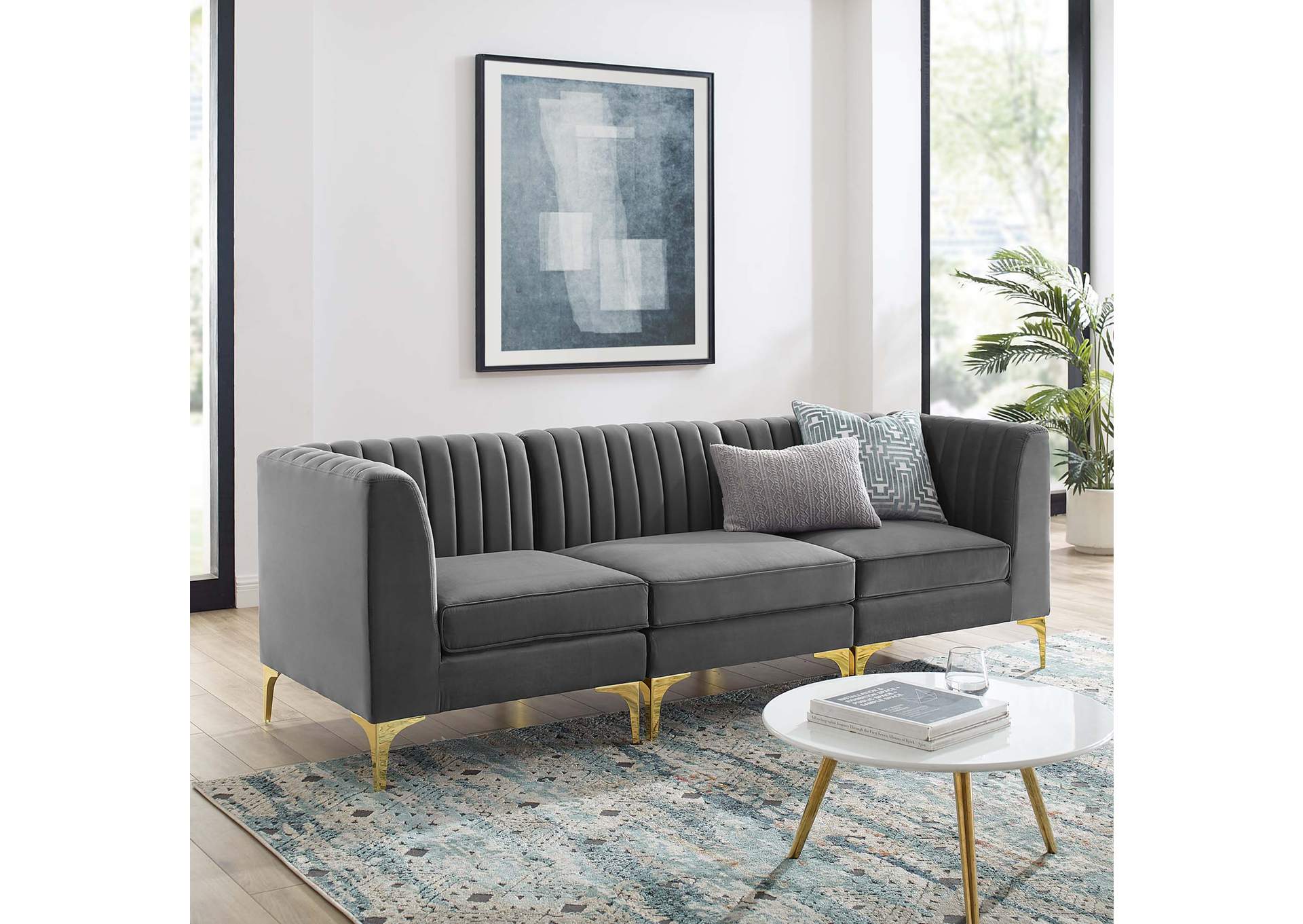 Gray Triumph Channel Tufted Performance Velvet 	3-Seater Sofa,Modway