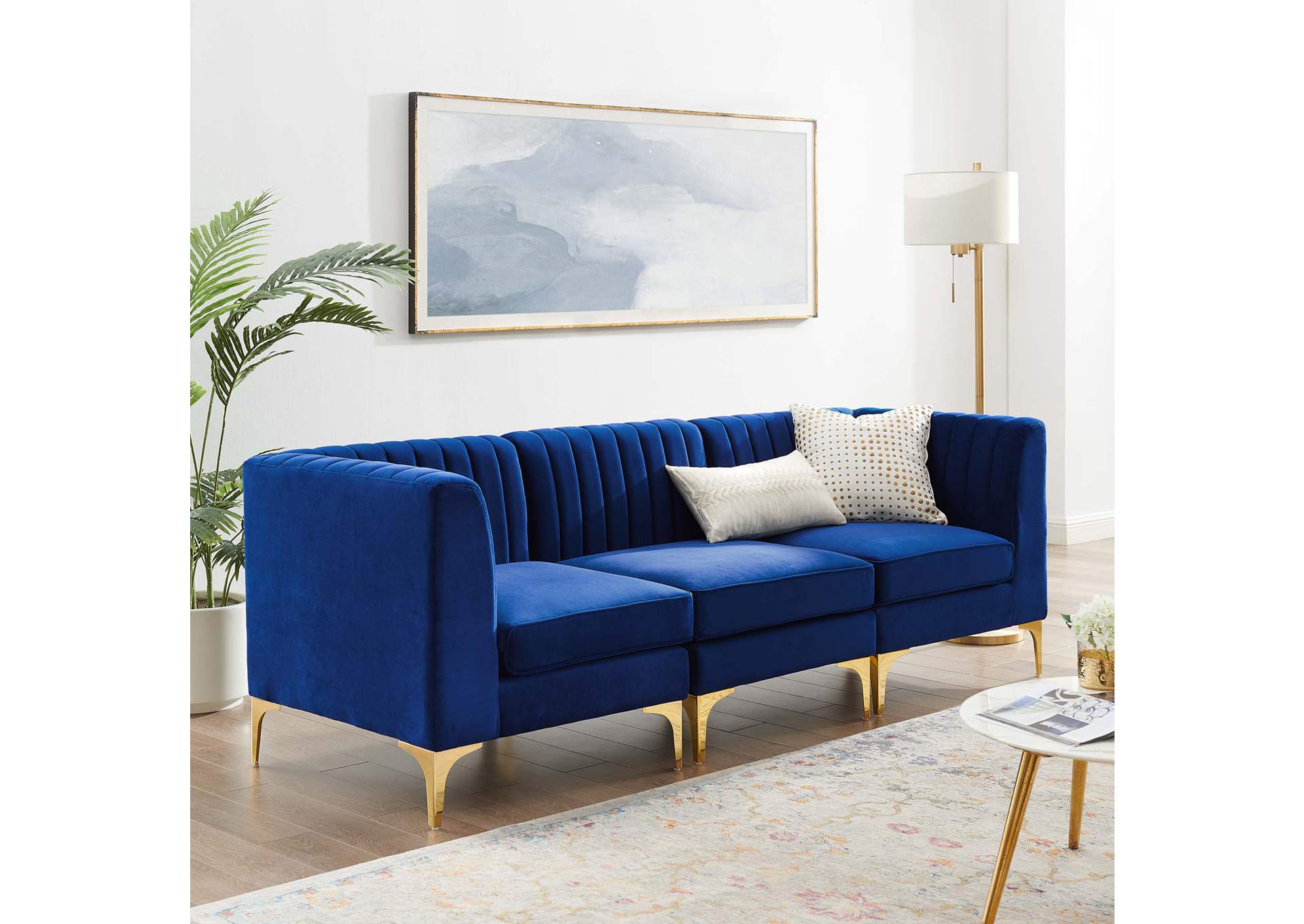 Navy Triumph Channel Tufted Performance Velvet 	3-Seater Sofa,Modway