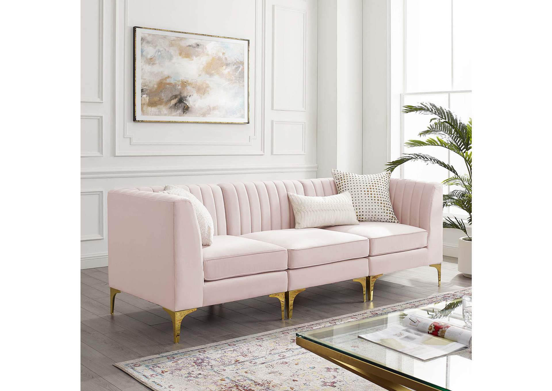 Pink Triumph Channel Tufted Performance Velvet 	3-Seater Sofa,Modway