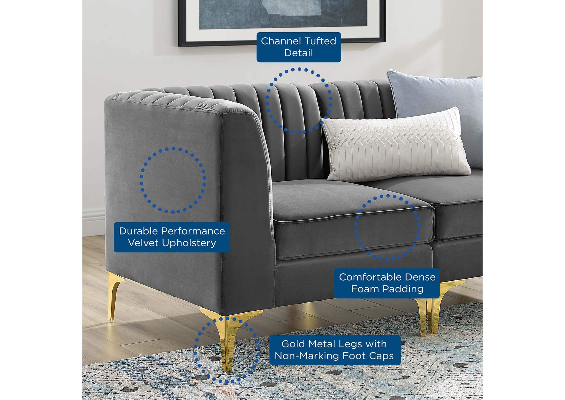 Gray Triumph Channel Tufted Performance Velvet 4-Seater Sofa,Modway