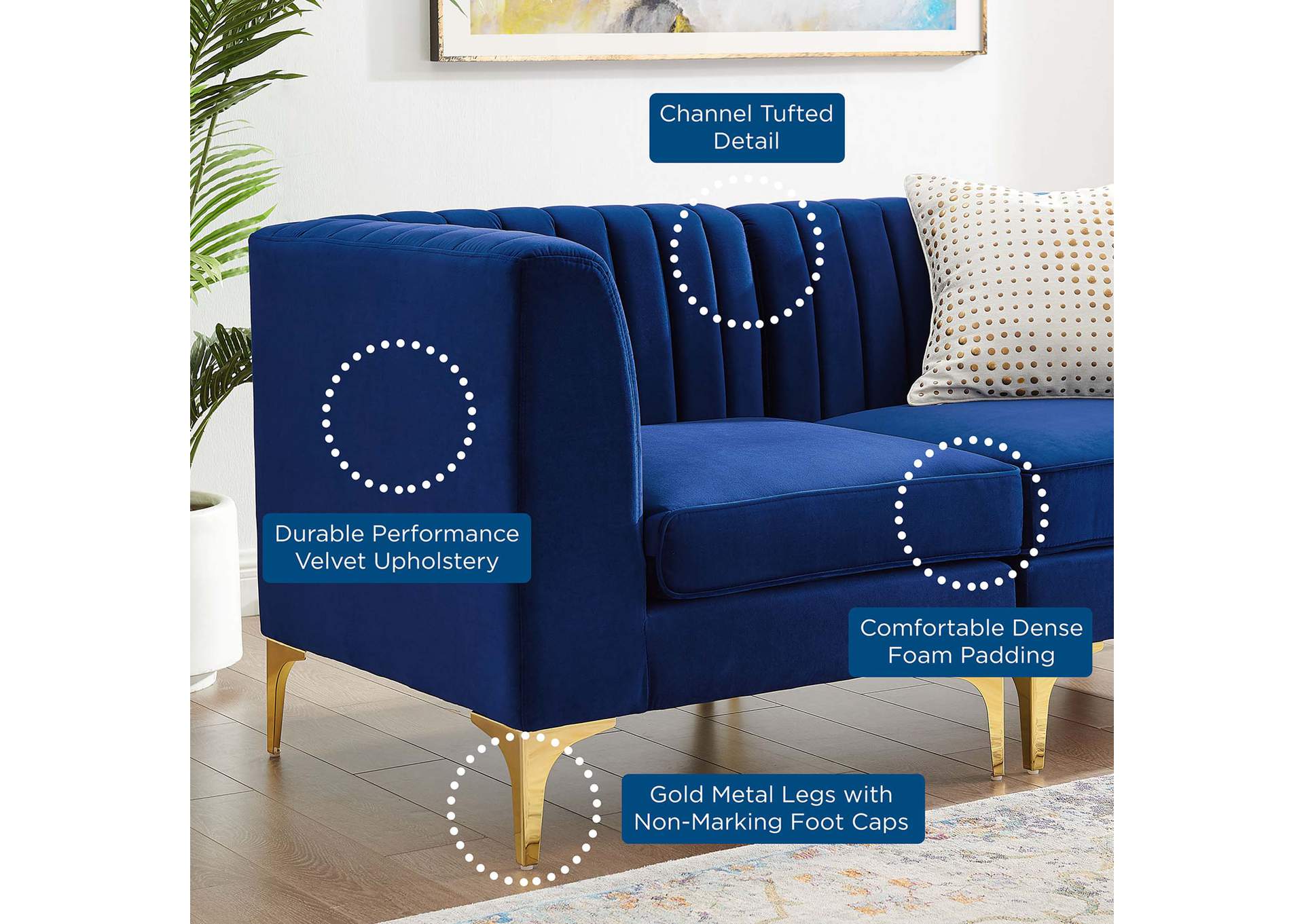 Navy Triumph Channel Tufted Performance Velvet 5-Piece Sectional Sofa,Modway