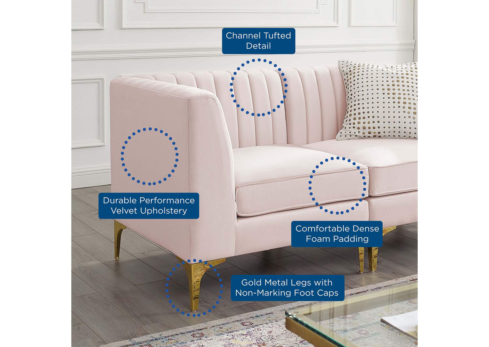 Pink Triumph Channel Tufted Performance Velvet 5-Piece Sectional Sofa,Modway