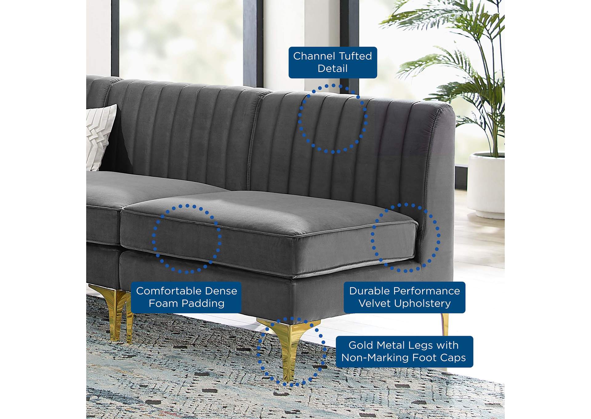 Gray Triumph Channel Tufted Performance Velvet 5-Piece Sectional Sofa,Modway