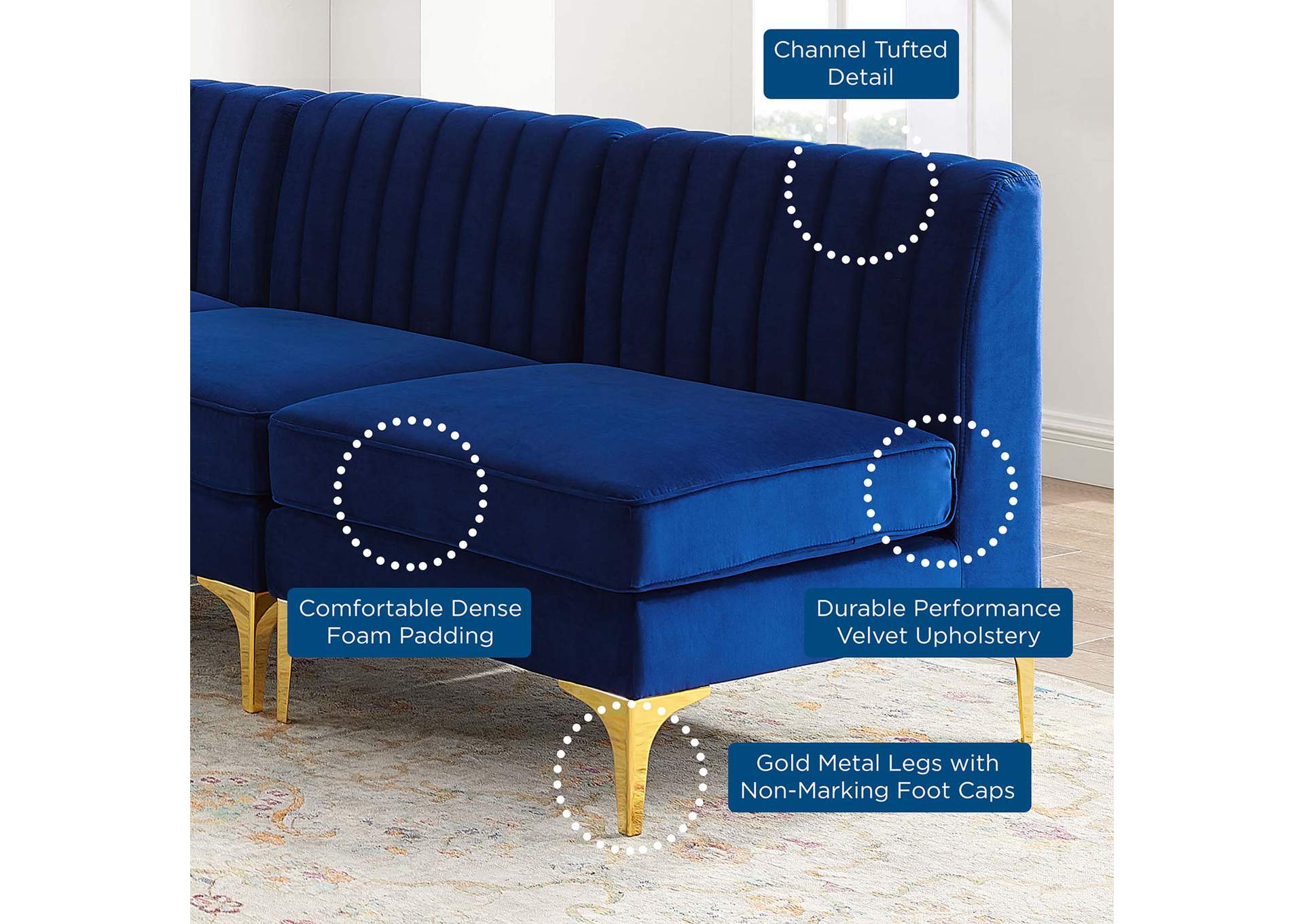 Navy Triumph Channel Tufted Performance Velvet 5-Piece Sectional Sofa,Modway