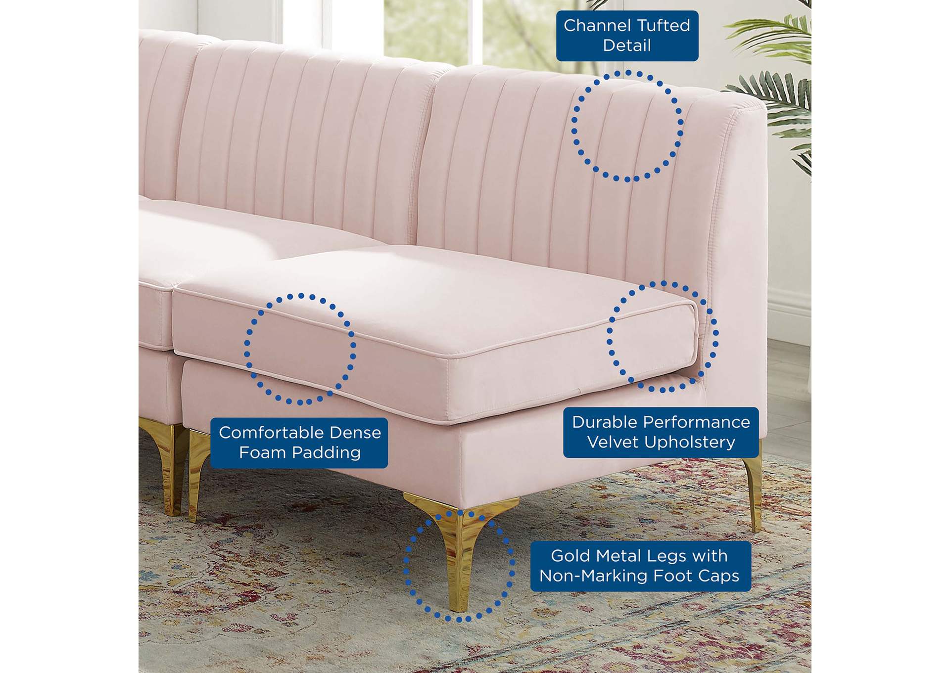 Pink Triumph Channel Tufted Performance Velvet 5-Piece Sectional Sofa,Modway