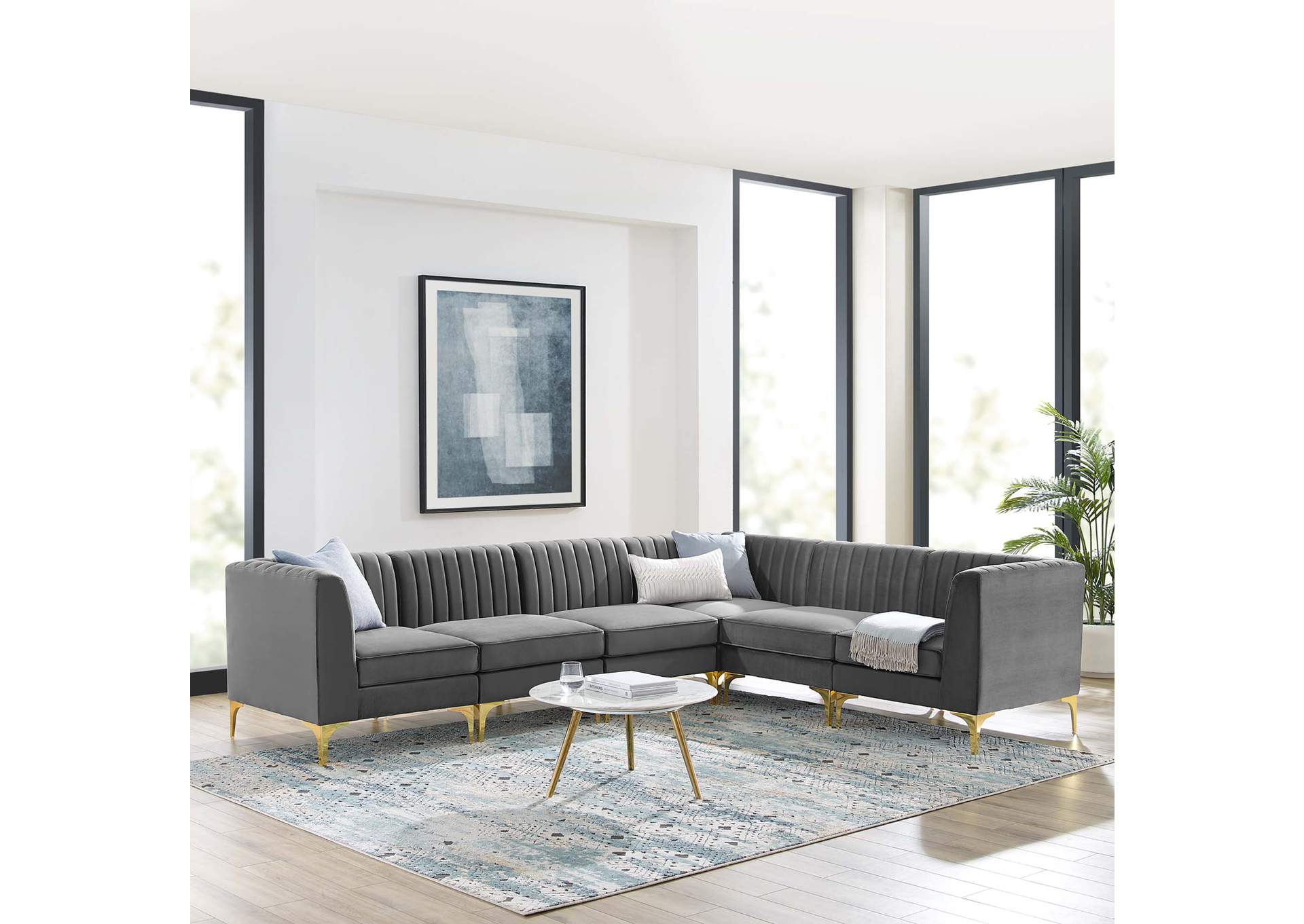 Gray Triumph Channel Tufted Performance Velvet 6-Piece Sectional Sofa,Modway