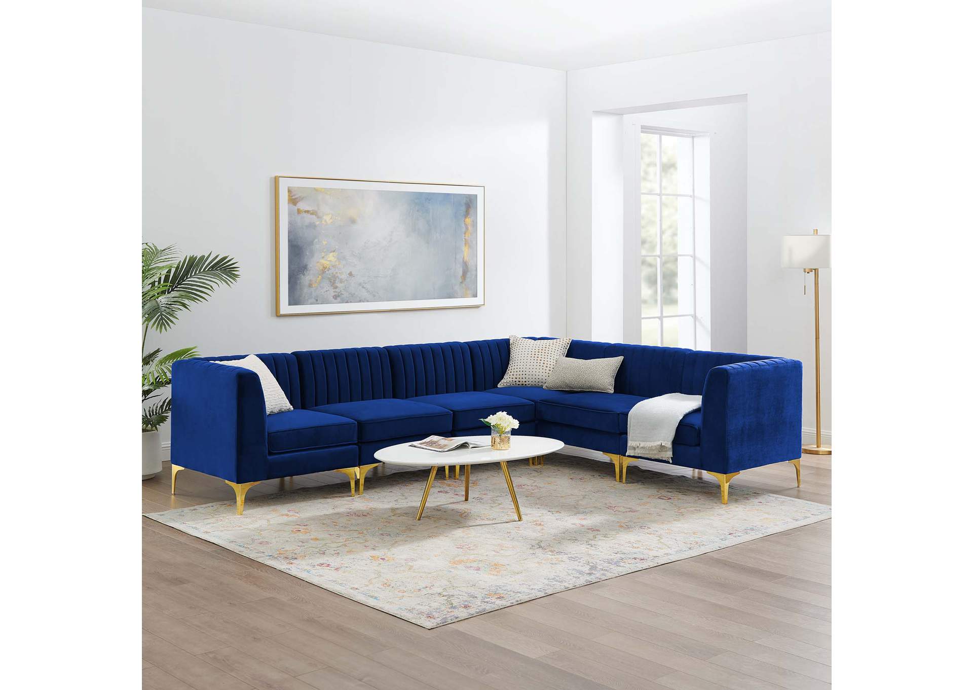 Navy Triumph Channel Tufted Performance Velvet 6-Piece Sectional Sofa,Modway