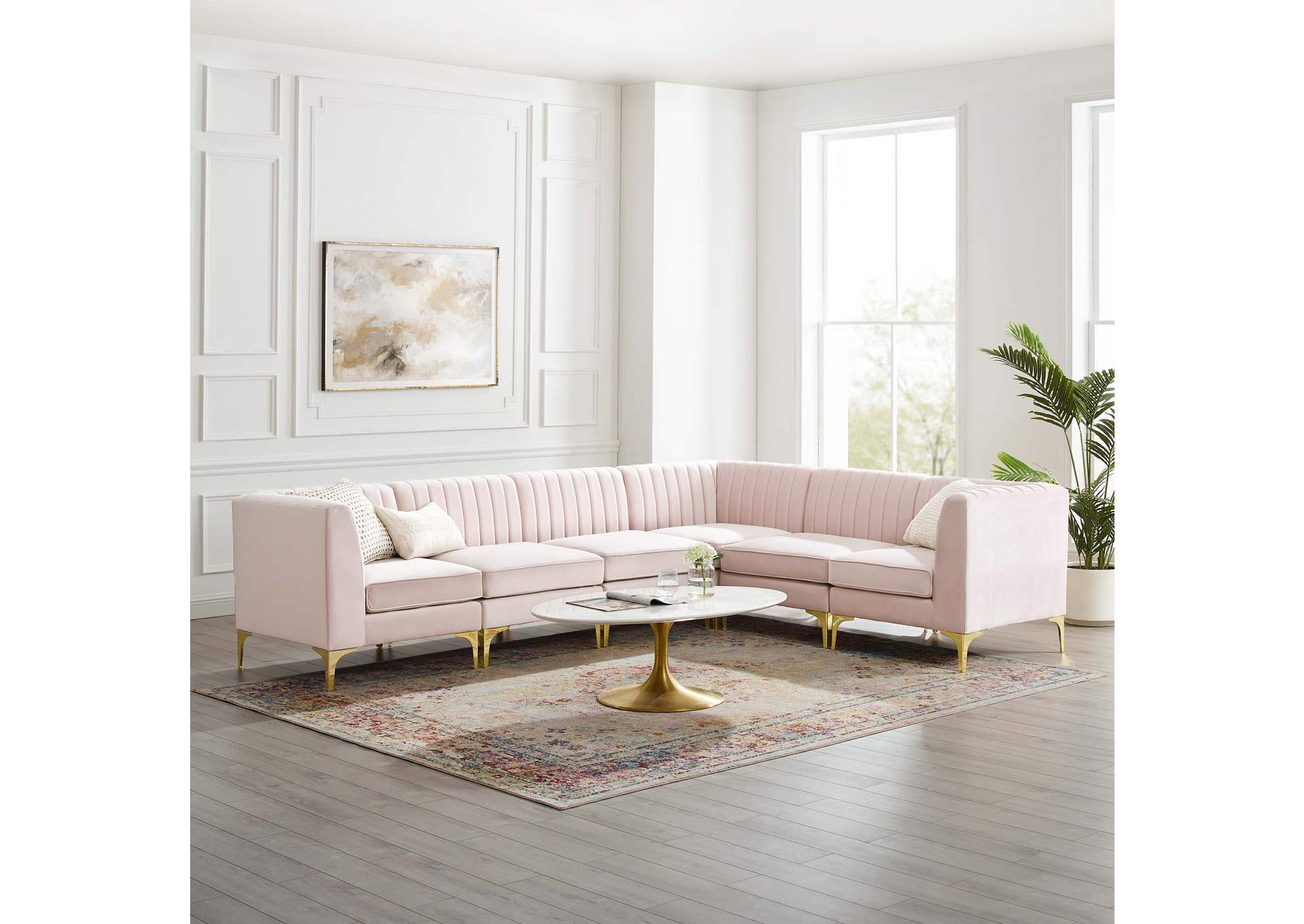 Pink Triumph Channel Tufted Performance Velvet 6-Piece Sectional Sofa,Modway