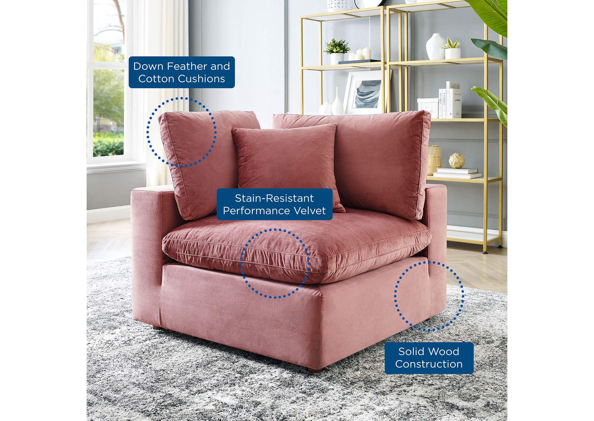 Dusty Rose Commix Down Filled Overstuffed Performance Velvet Corner Chair,Modway
