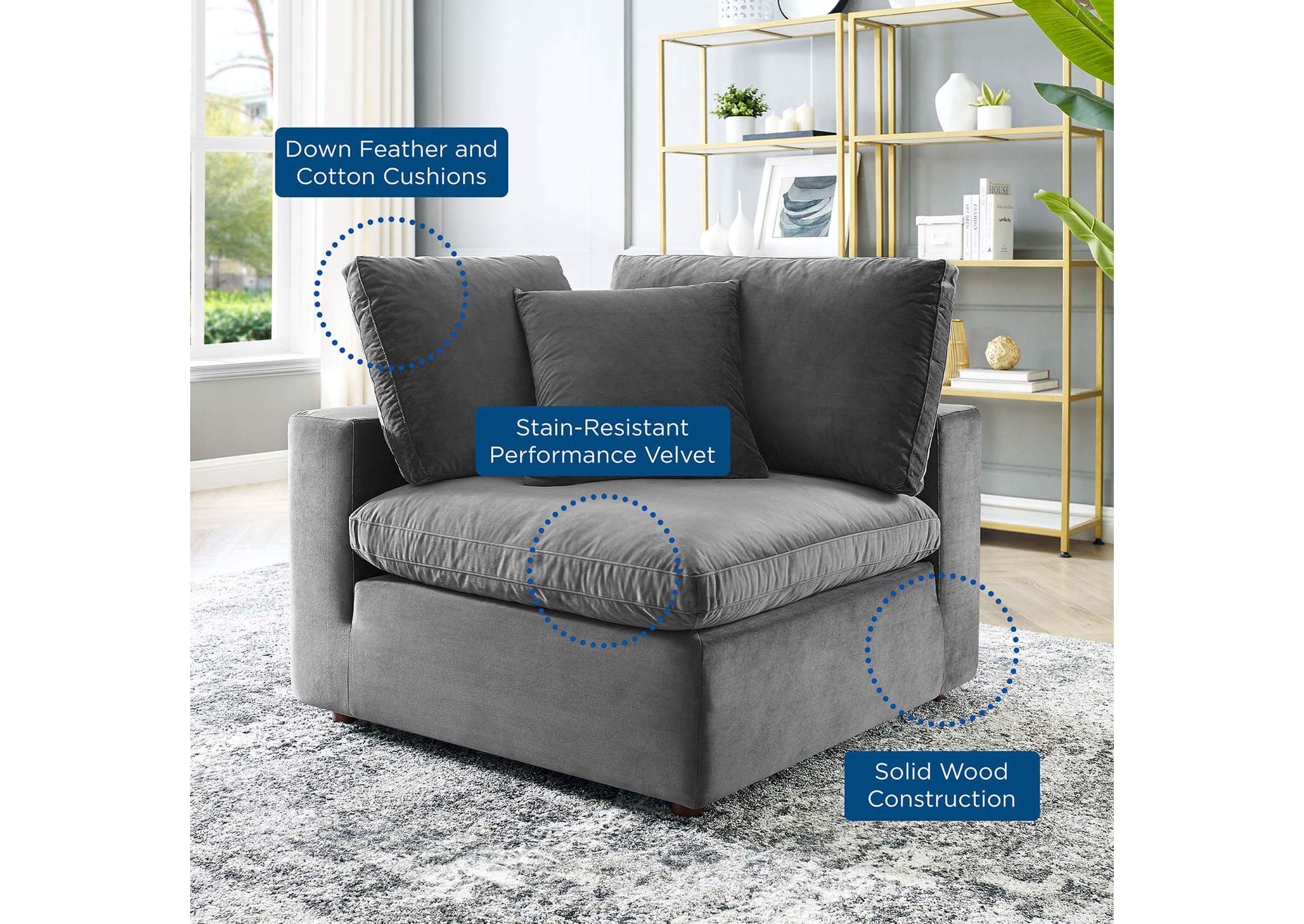 Gray Commix Down Filled Overstuffed Performance Velvet Corner Chair,Modway