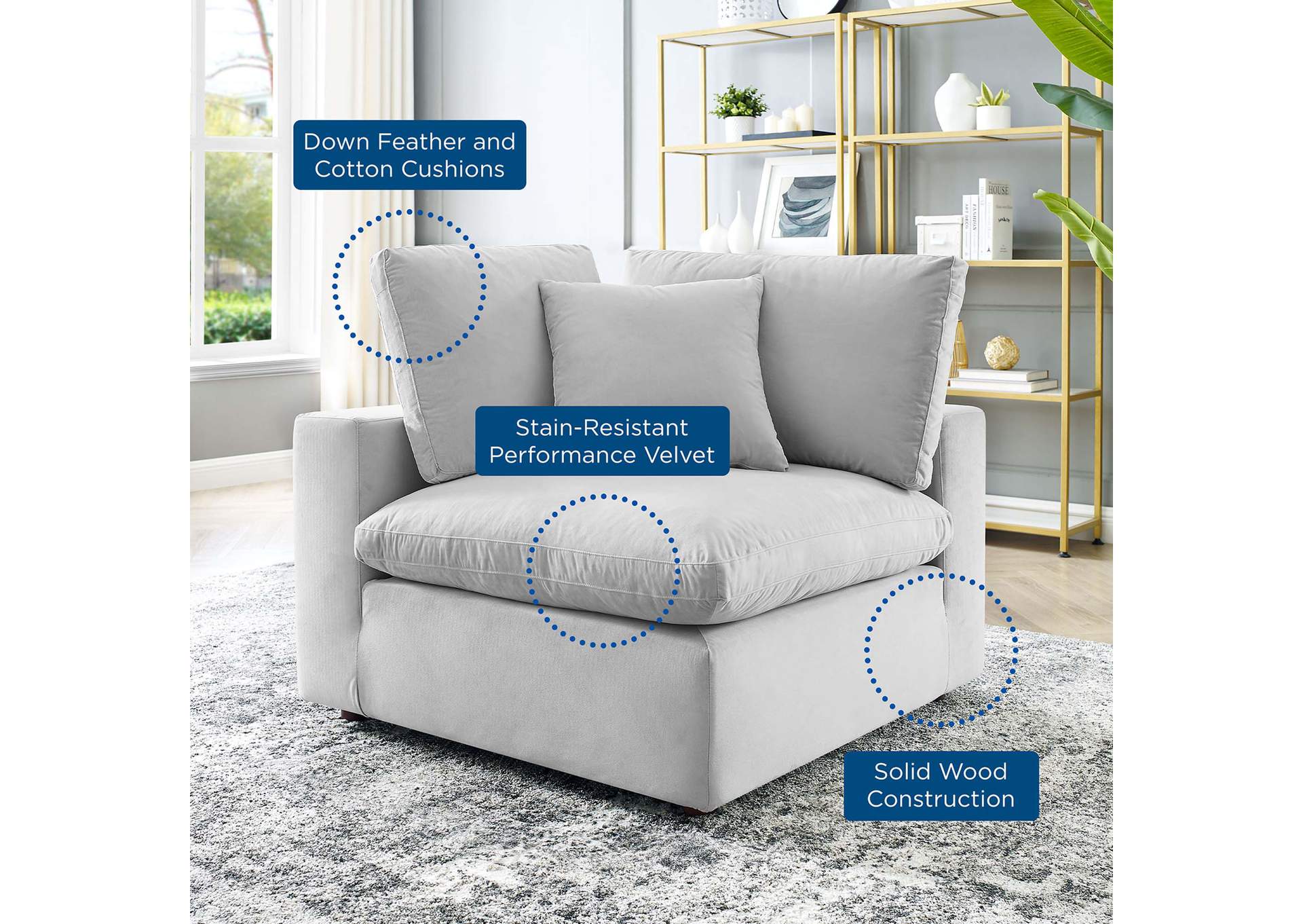 Light Gray Commix Down Filled Overstuffed Performance Velvet Corner Chair,Modway