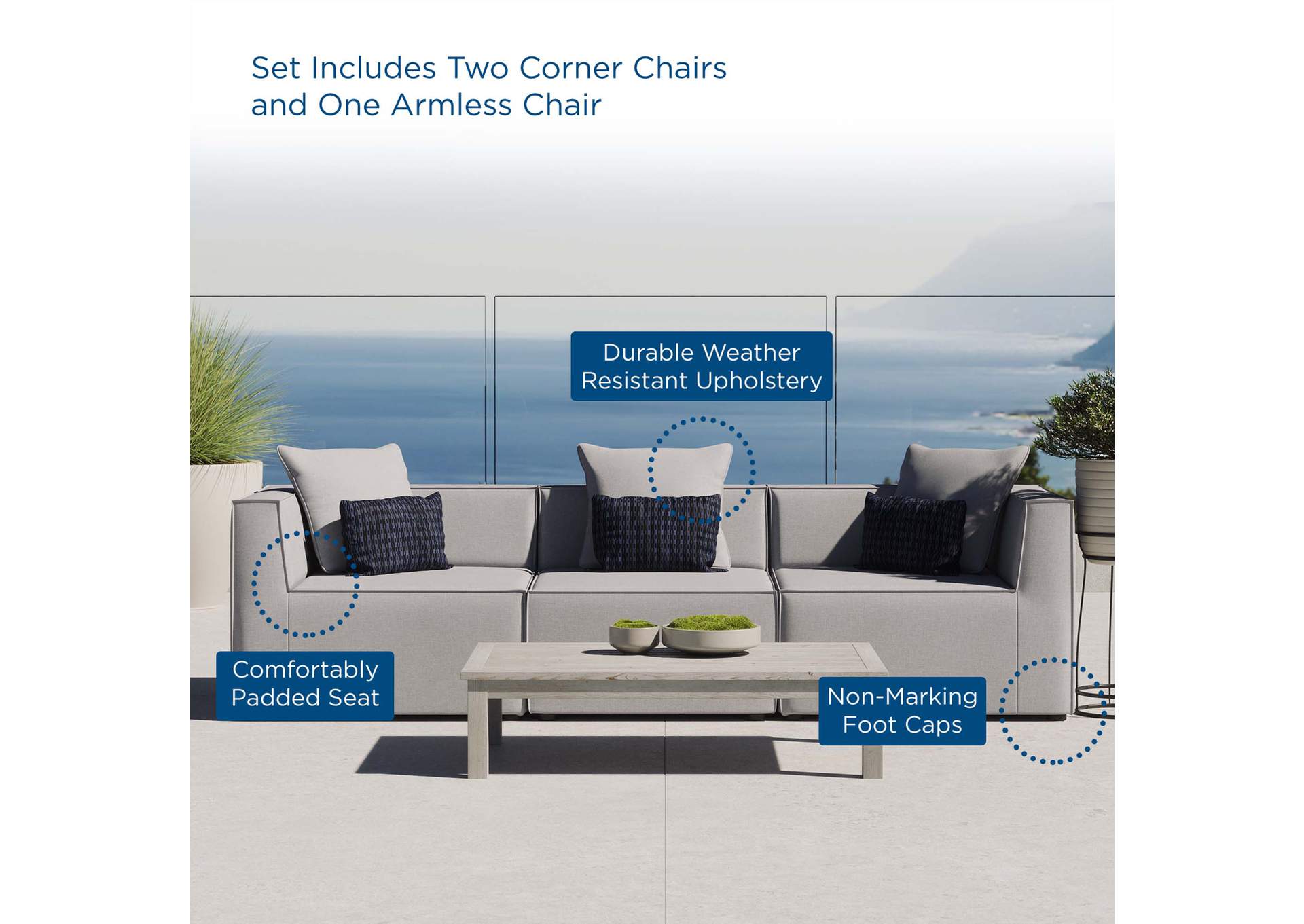 Gray Saybrook Outdoor Patio Upholstered 3-Piece Sectional Sofa,Modway