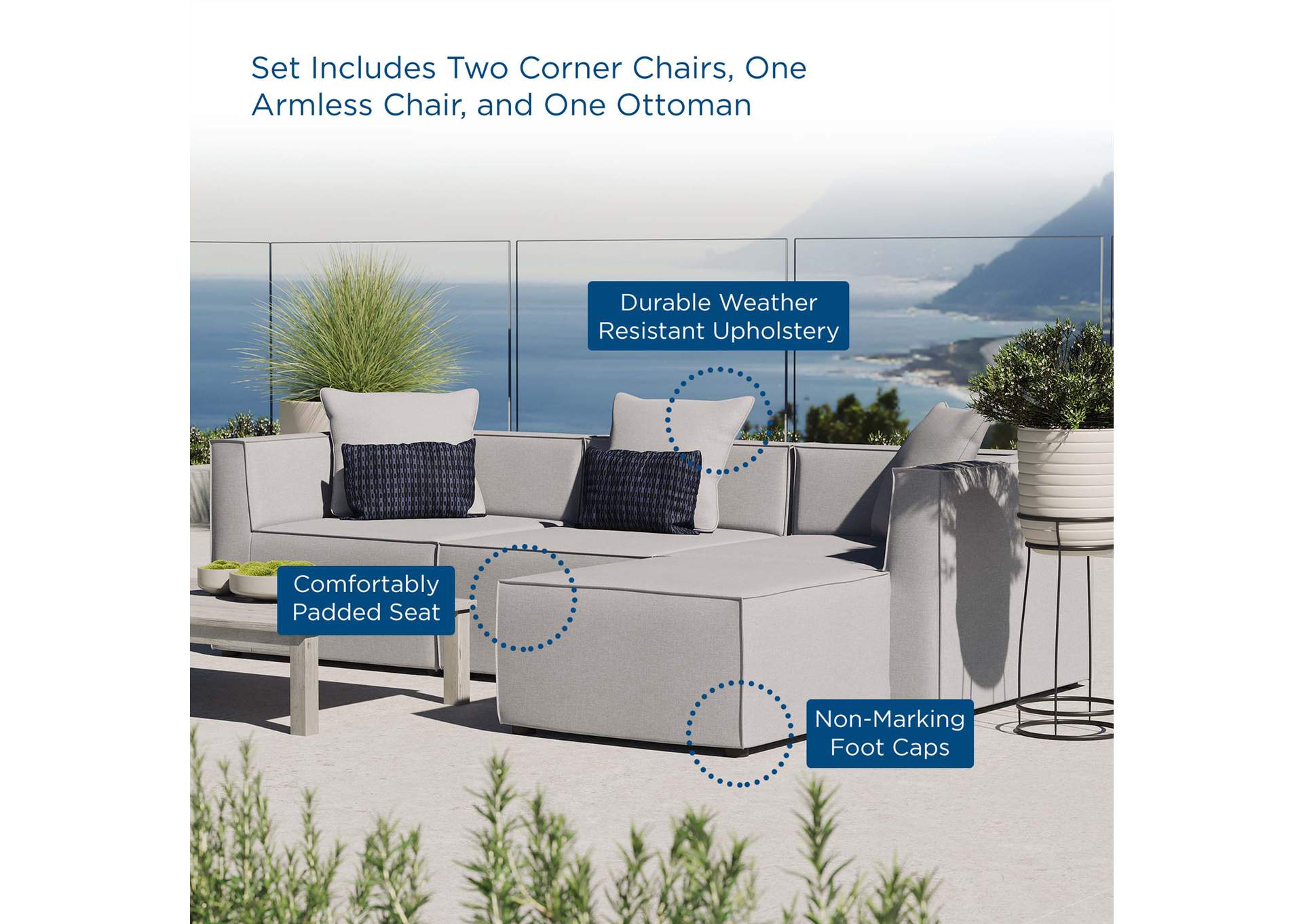 Gray Saybrook Outdoor Patio Upholstered 4-Piece Sectional Sofa,Modway