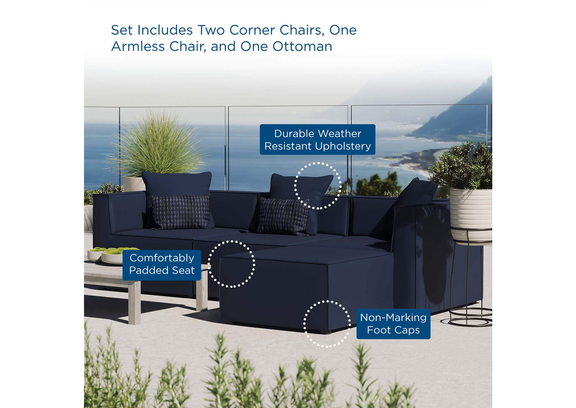 Navy Saybrook Outdoor Patio Upholstered 4-Piece Sectional Sofa,Modway