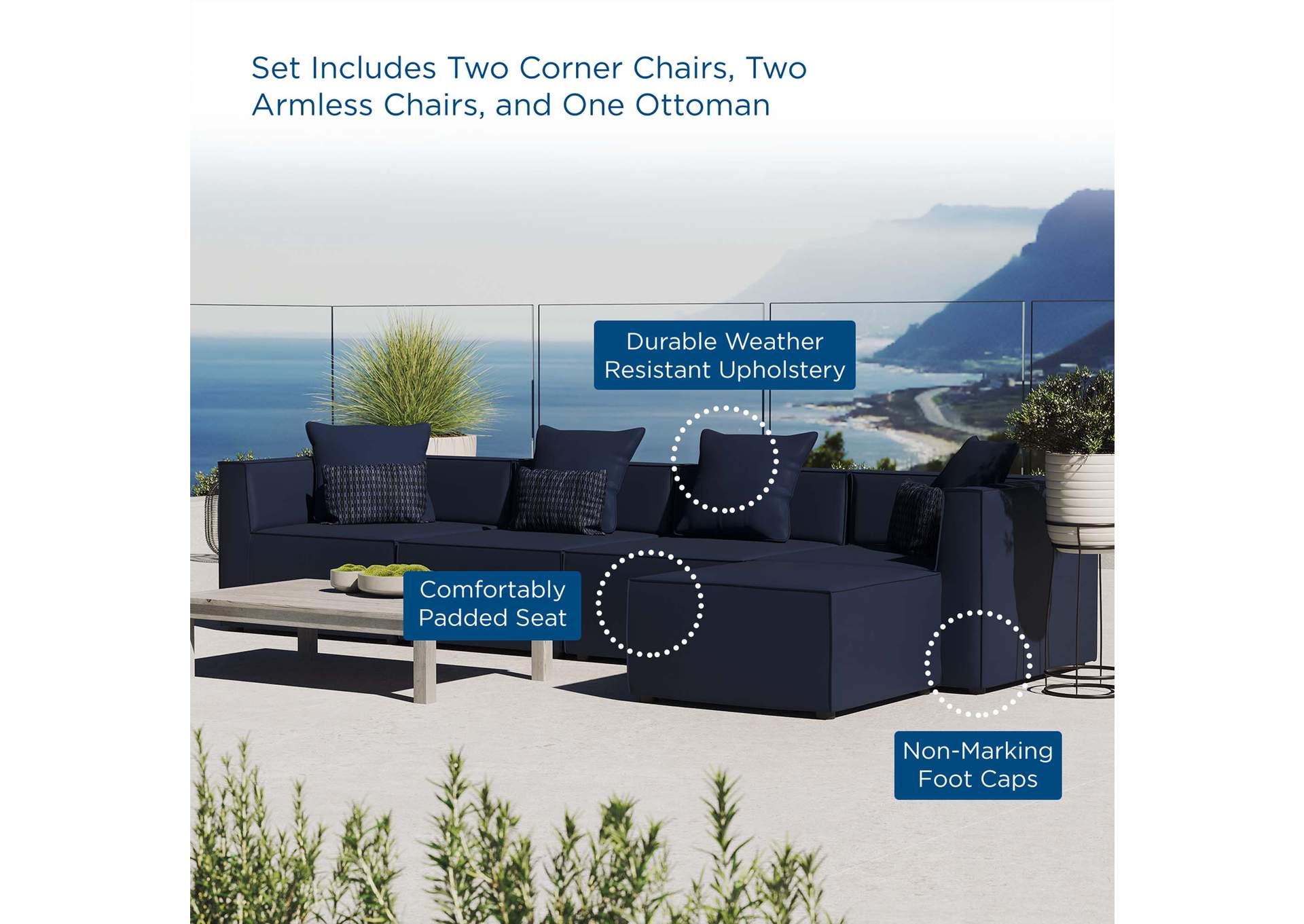 Navy Saybrook Outdoor Patio Upholstered 5-Piece Sectional Sofa,Modway