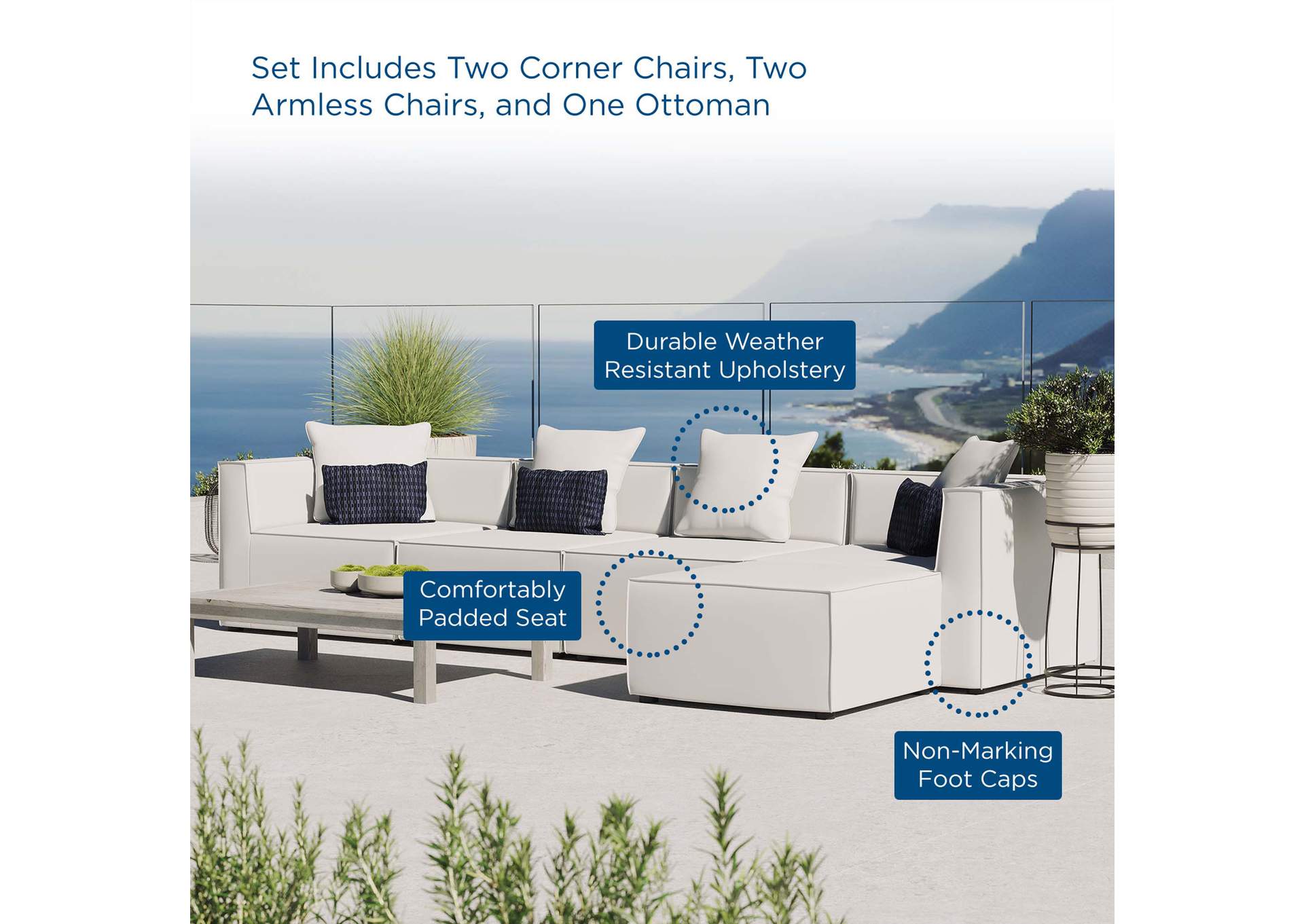 White Saybrook Outdoor Patio Upholstered 5-Piece Sectional Sofa,Modway