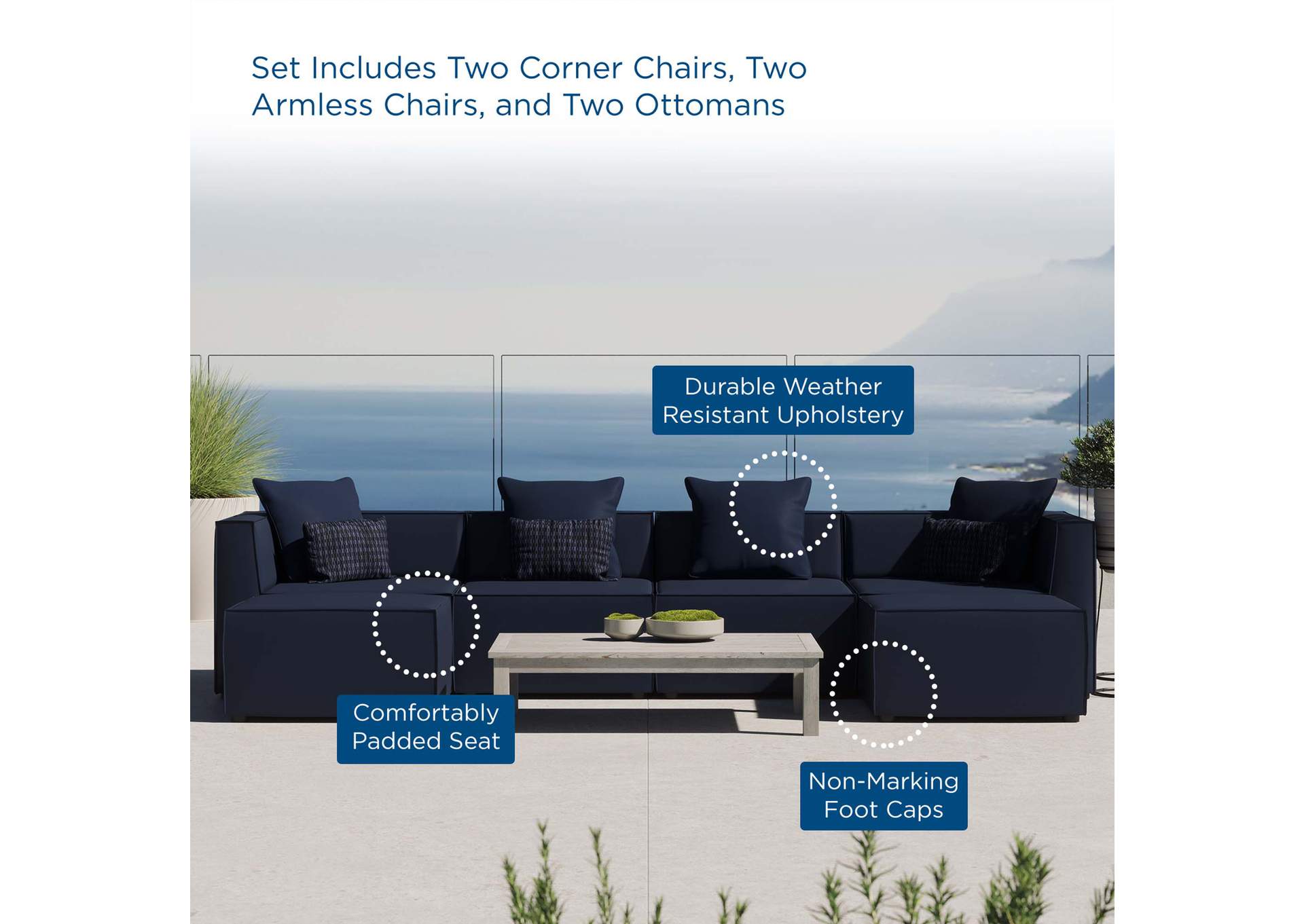 Navy Saybrook Outdoor Patio Upholstered 6-Piece Sectional Sofa,Modway