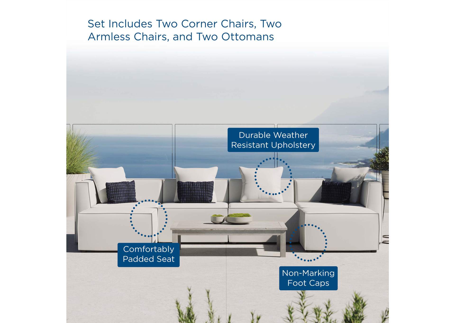 White Saybrook Outdoor Patio Upholstered 6-Piece Sectional Sofa,Modway