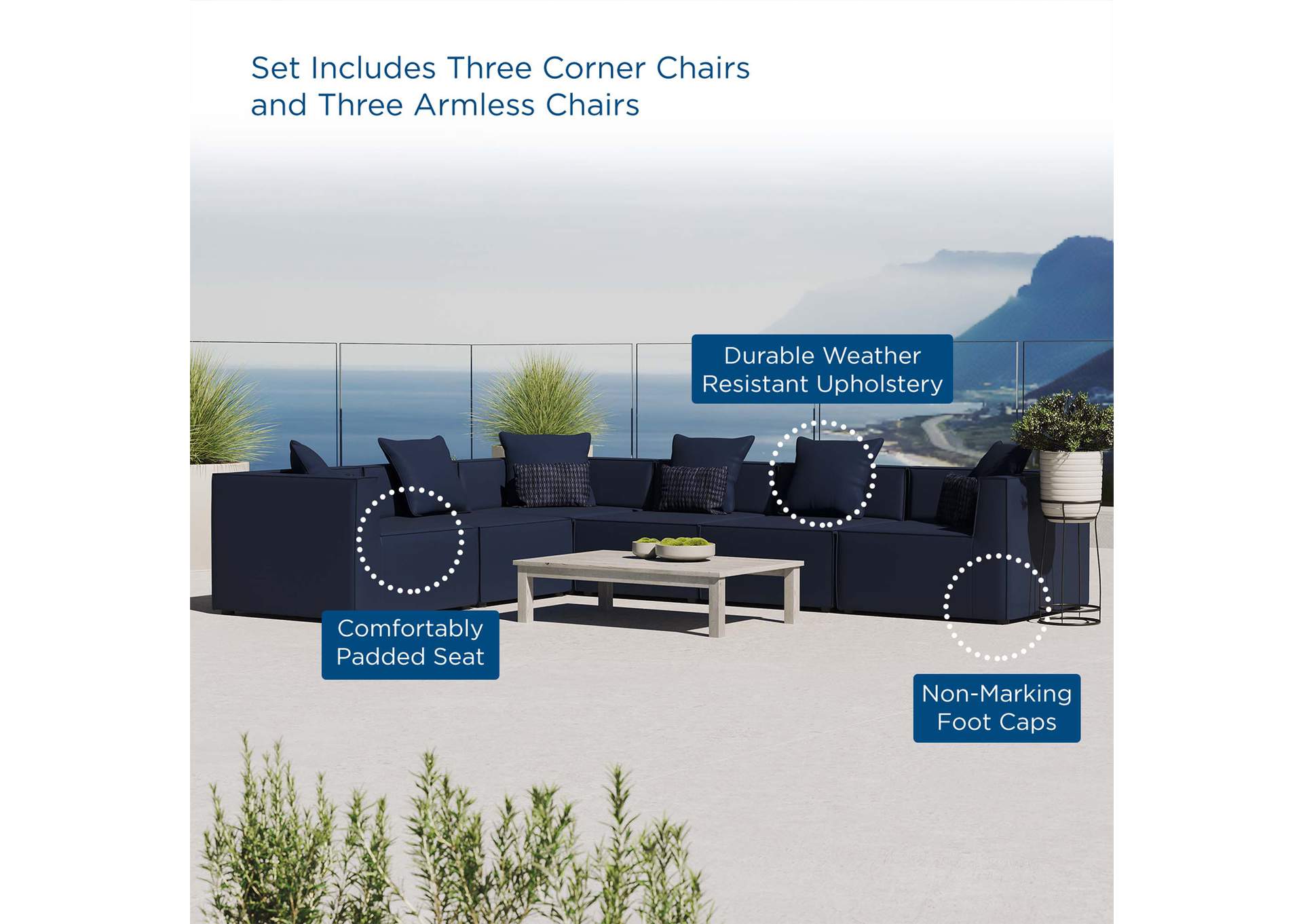 Navy Saybrook Outdoor Patio Upholstered 6-Piece Sectional Sofa,Modway