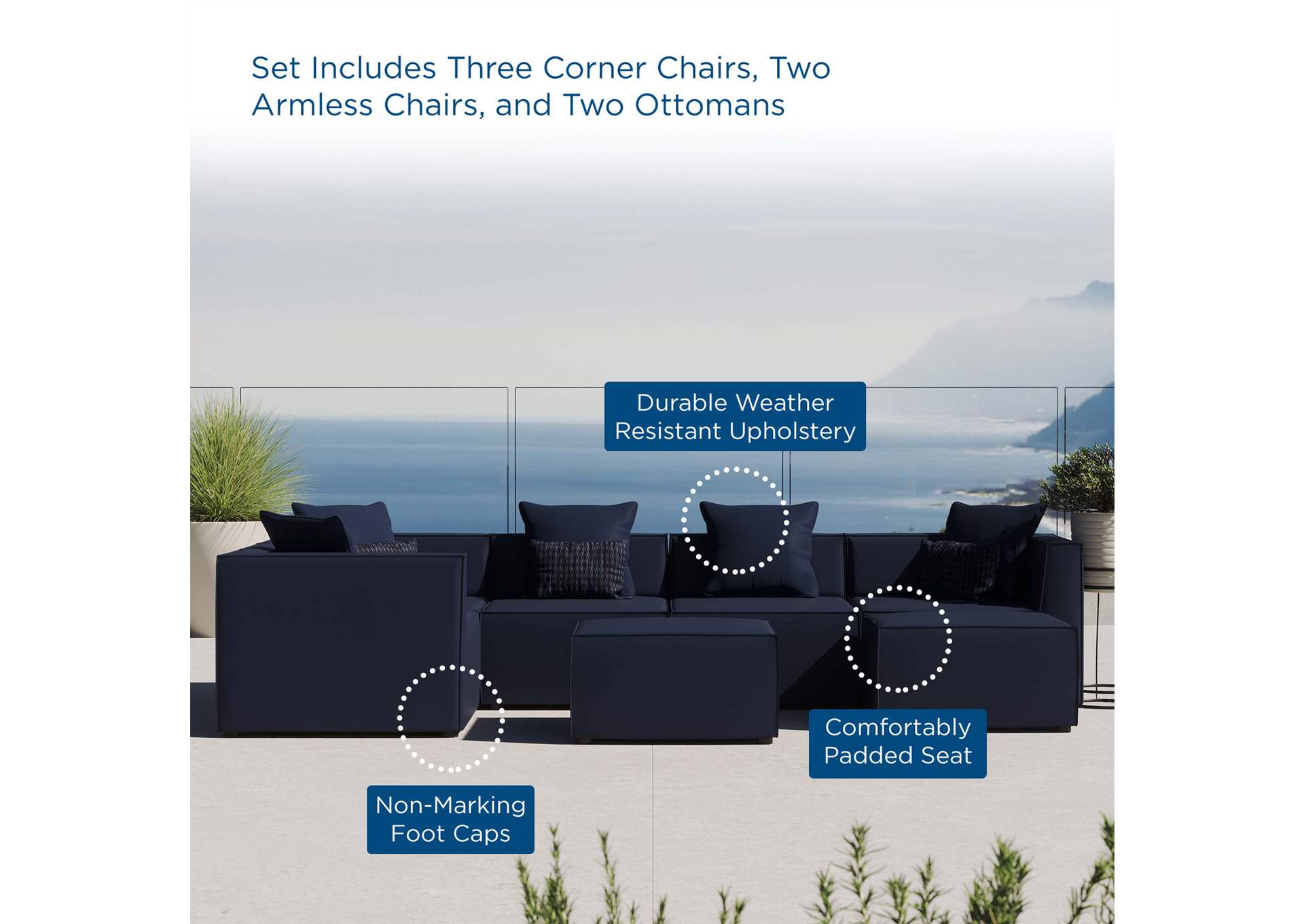 Navy Saybrook Outdoor Patio Upholstered 7-Piece Sectional Sofa,Modway