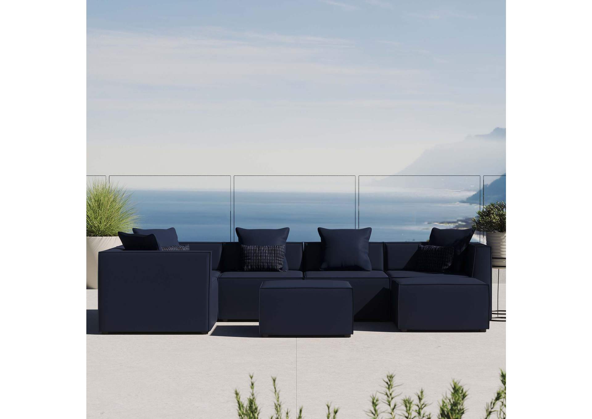 Navy Saybrook Outdoor Patio Upholstered 7-Piece Sectional Sofa,Modway