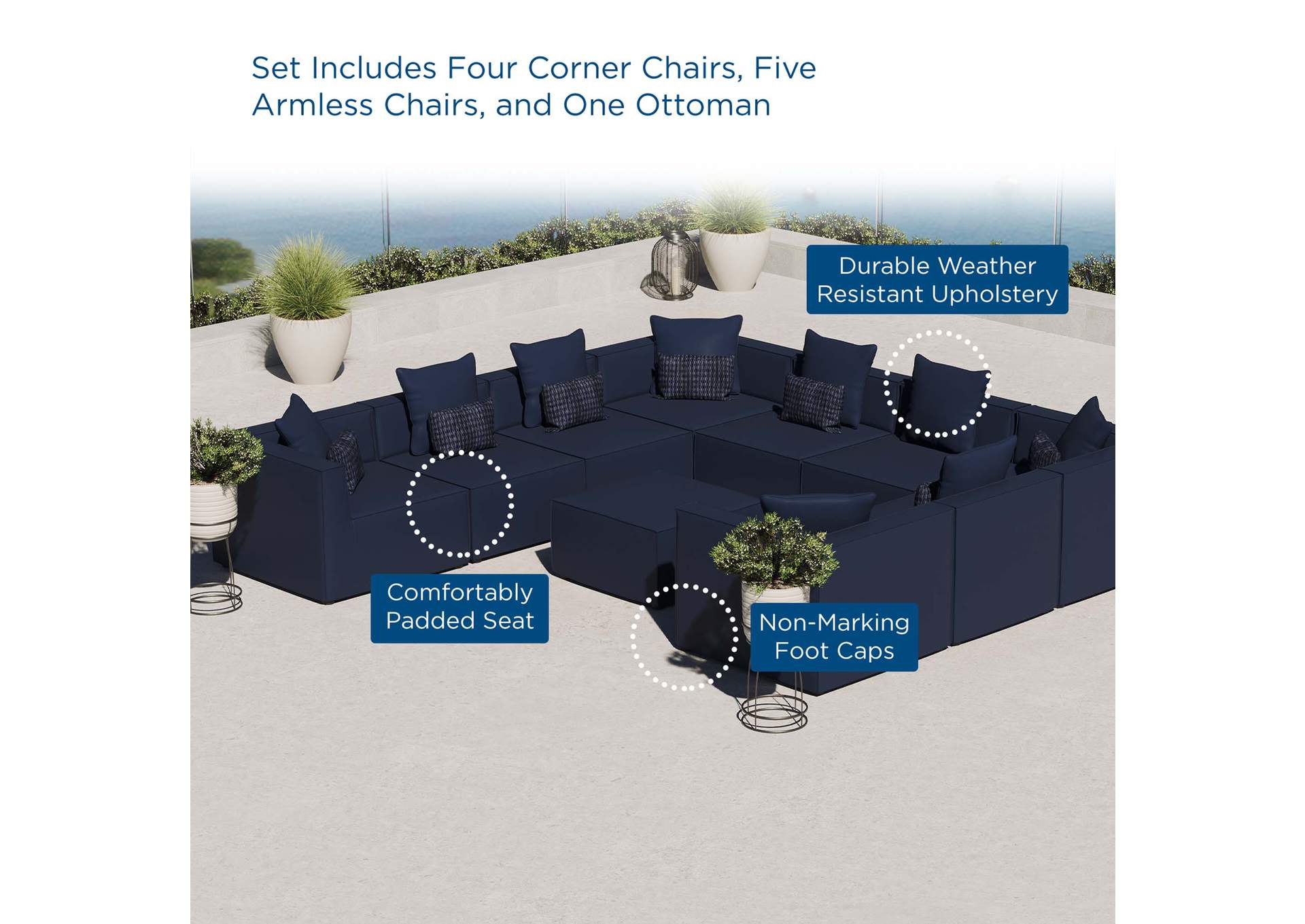 Navy Saybrook Outdoor Patio Upholstered 10-Piece Sectional Sofa,Modway