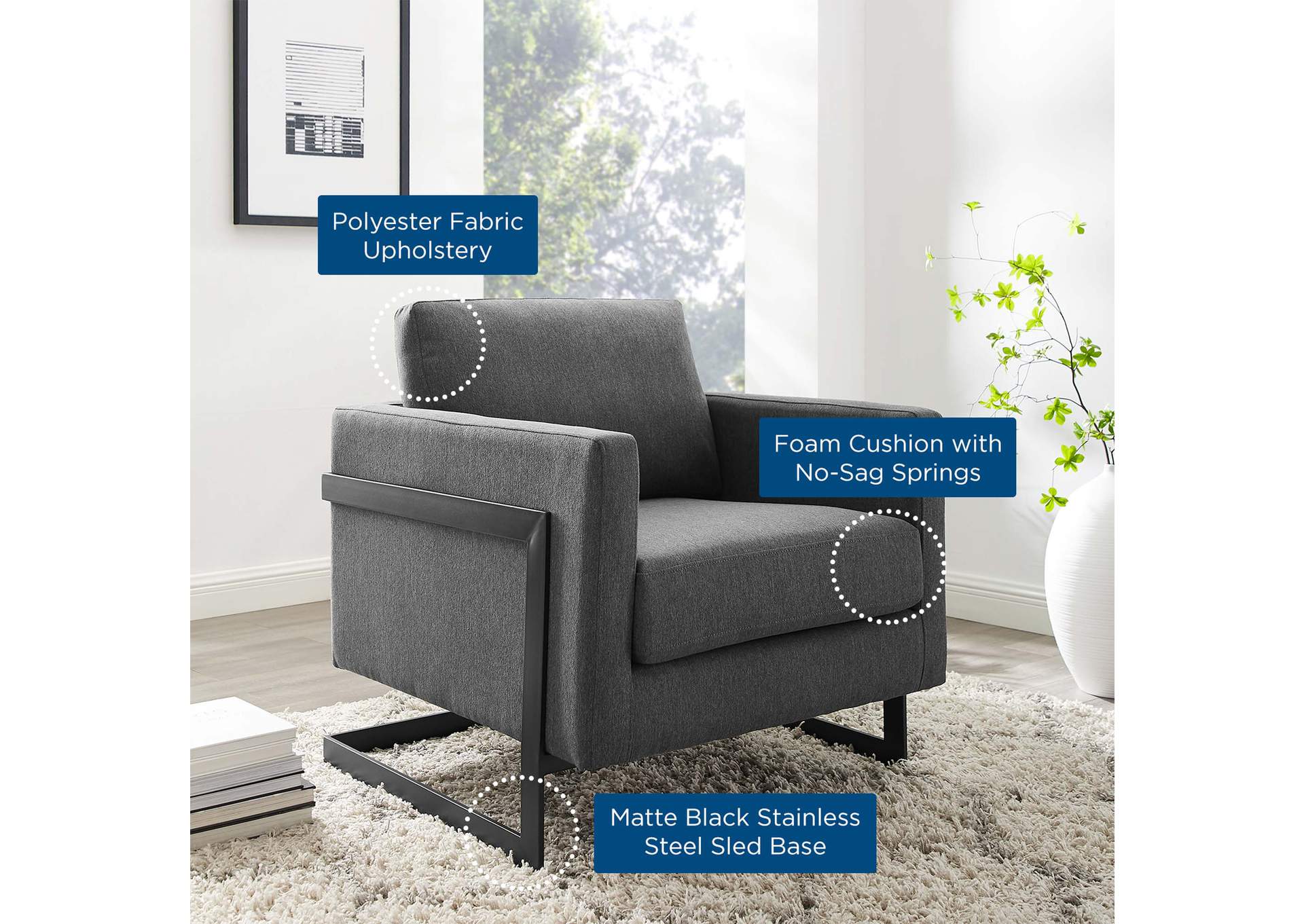 Black Charcoal Posse Upholstered Fabric Accent Chair,Modway