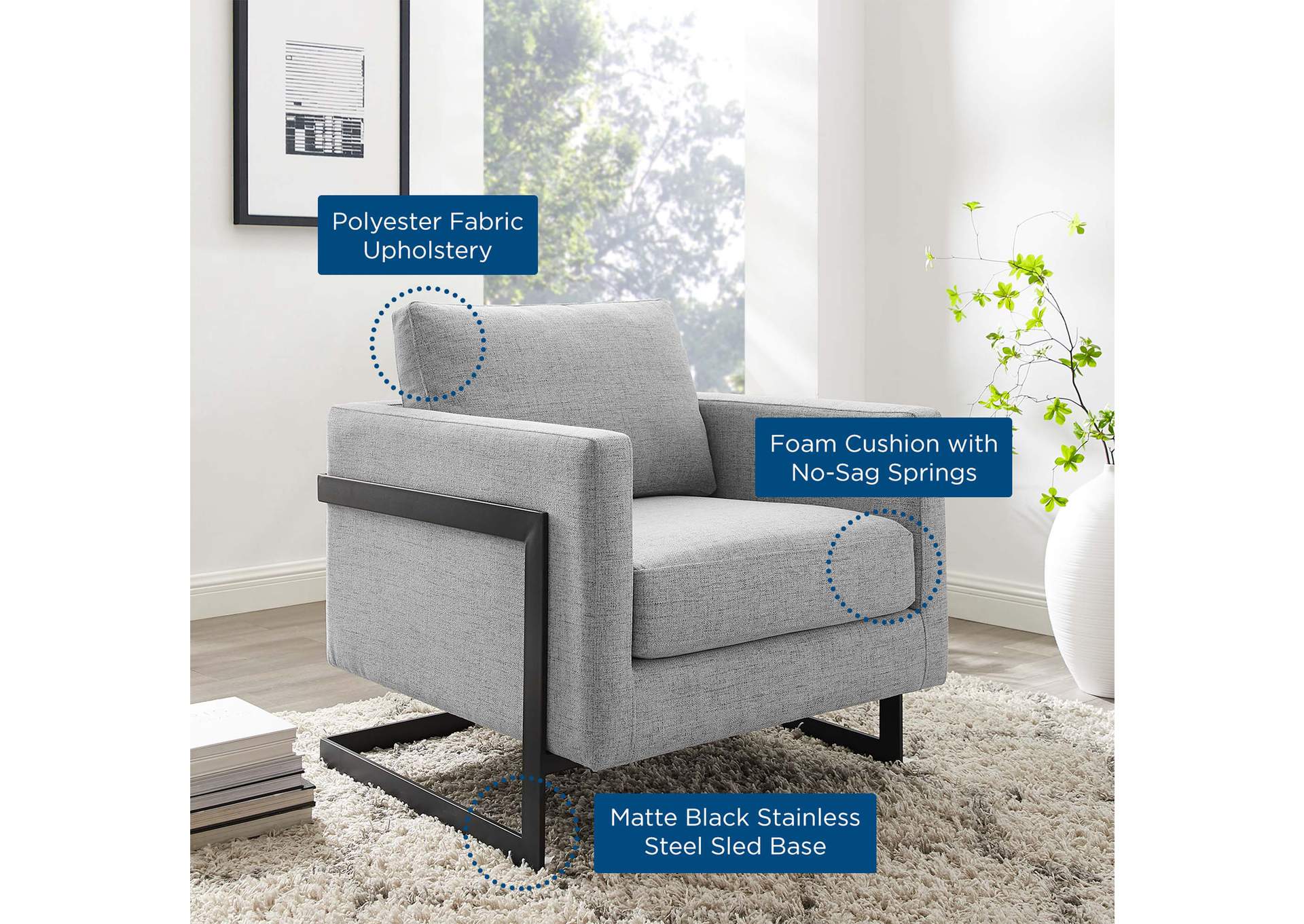 Black Light Gray Posse Upholstered Fabric Accent Chair,Modway