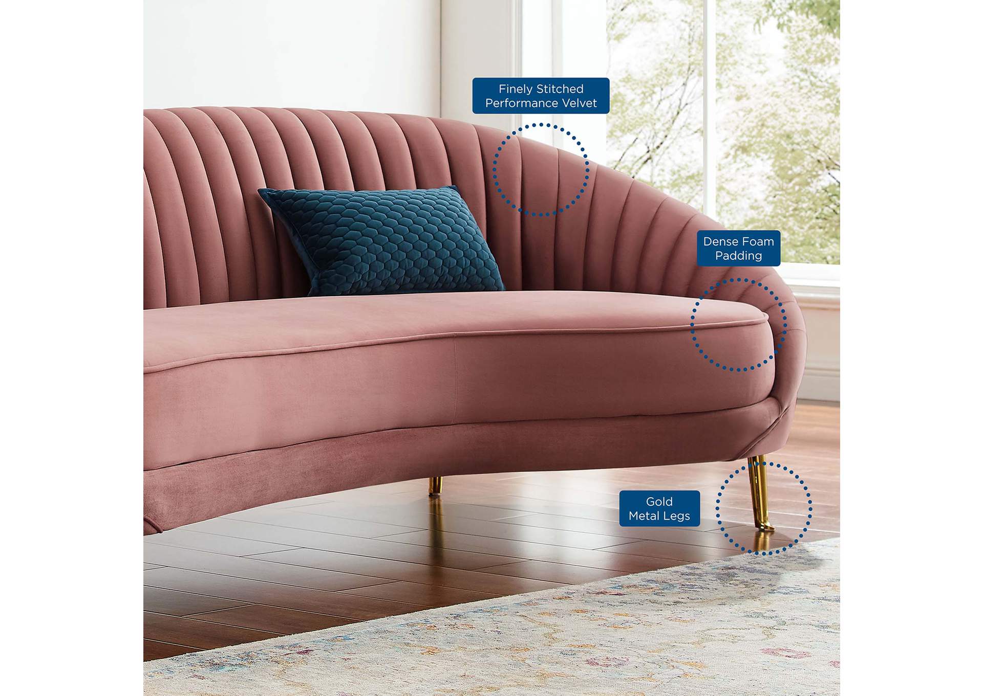 Dusty Rose Camber Channel Tufted Performance Velvet Sofa,Modway