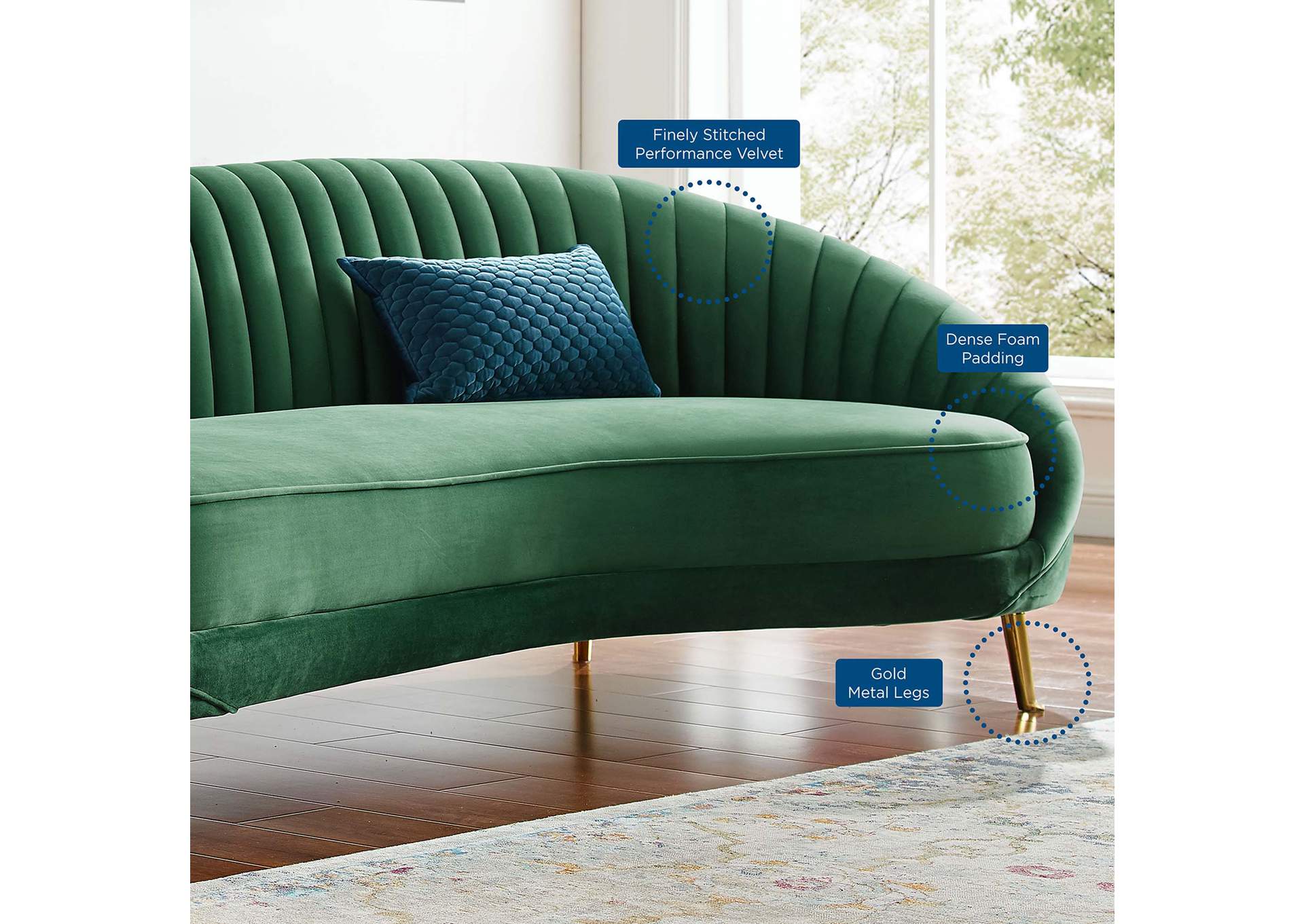 Emerald Camber Channel Tufted Performance Velvet Sofa,Modway