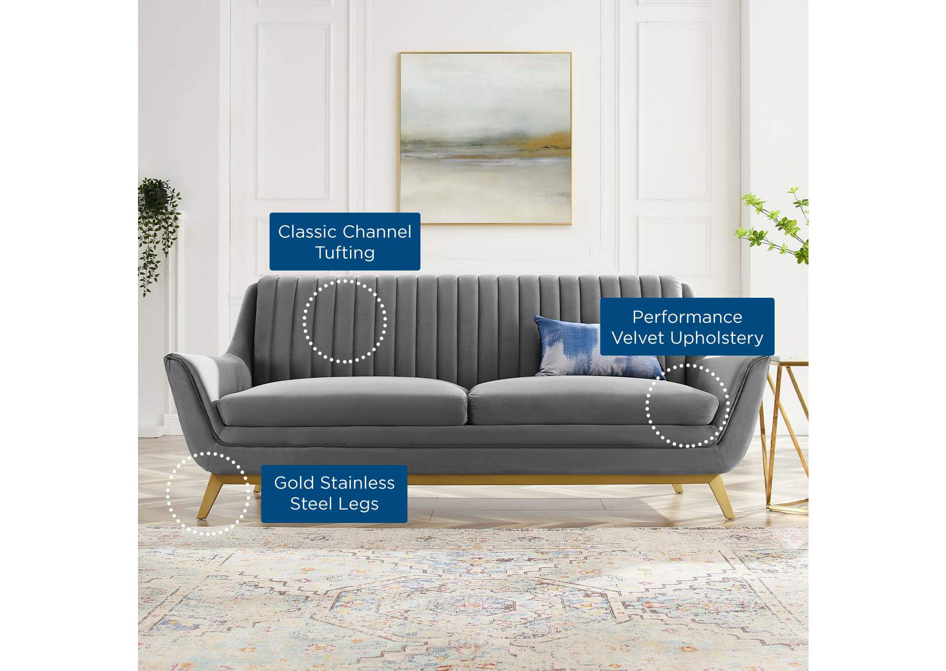 Gray Winsome Channel Tufted Performance Velvet Sofa,Modway