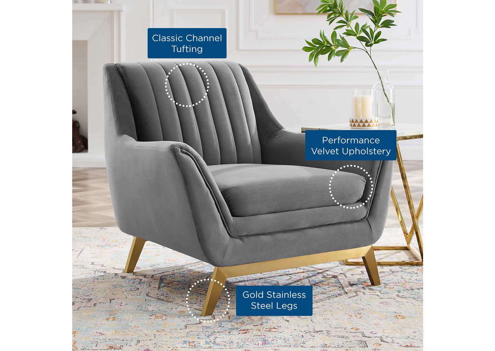 Gray Winsome Channel Tufted Performance Velvet Arm Chair,Modway