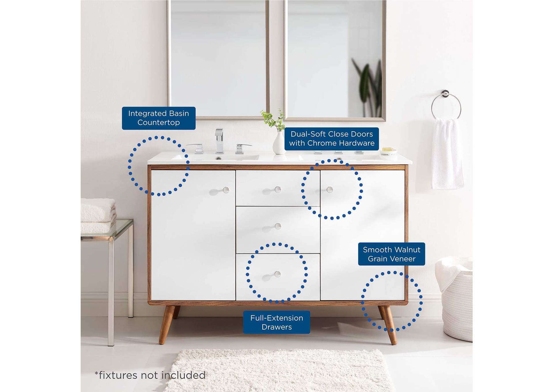 Walnut White Transmit 48" Double Sink Bathroom Vanity,Modway