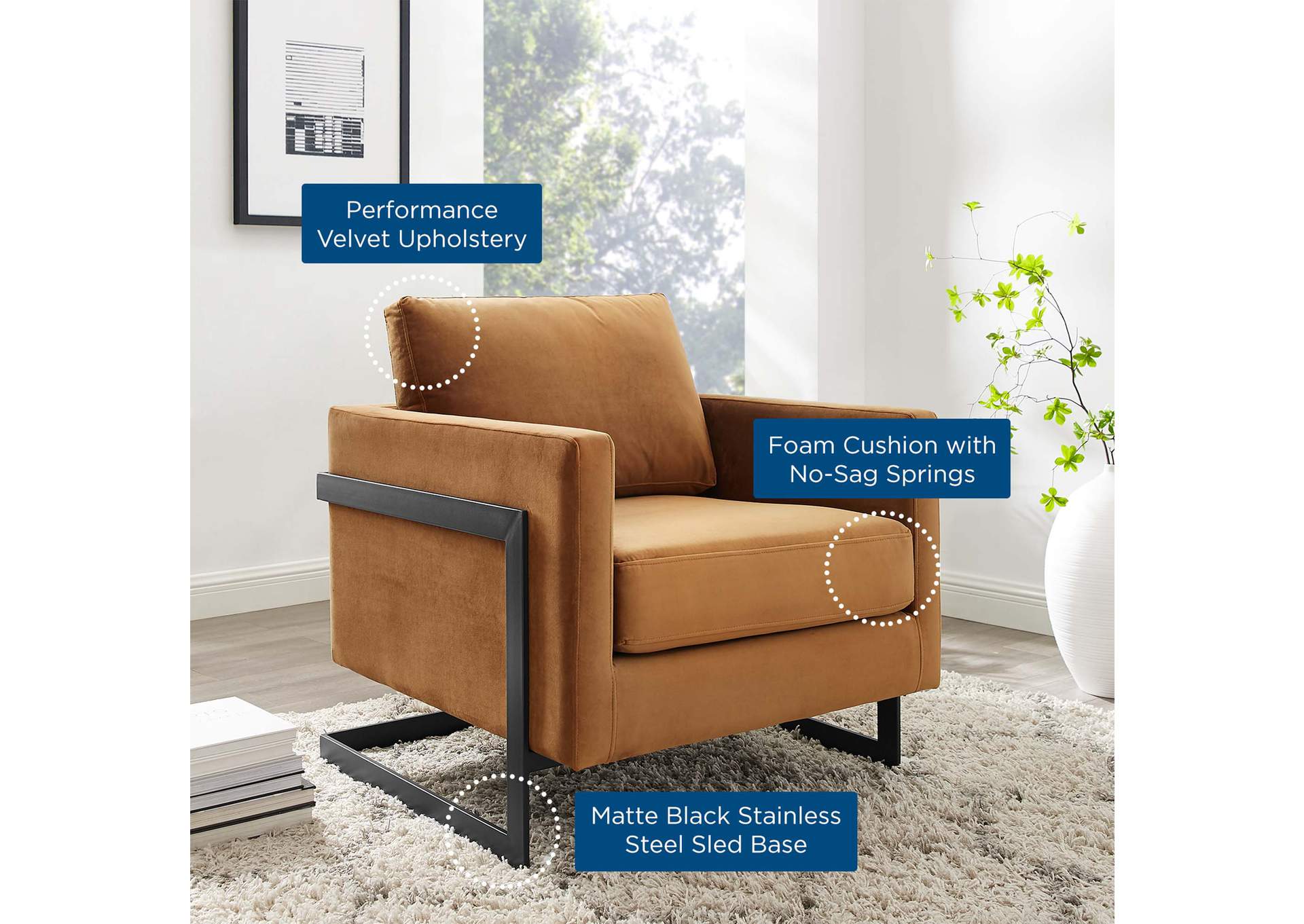 Black Cognac Posse Performance Velvet Accent Chair,Modway