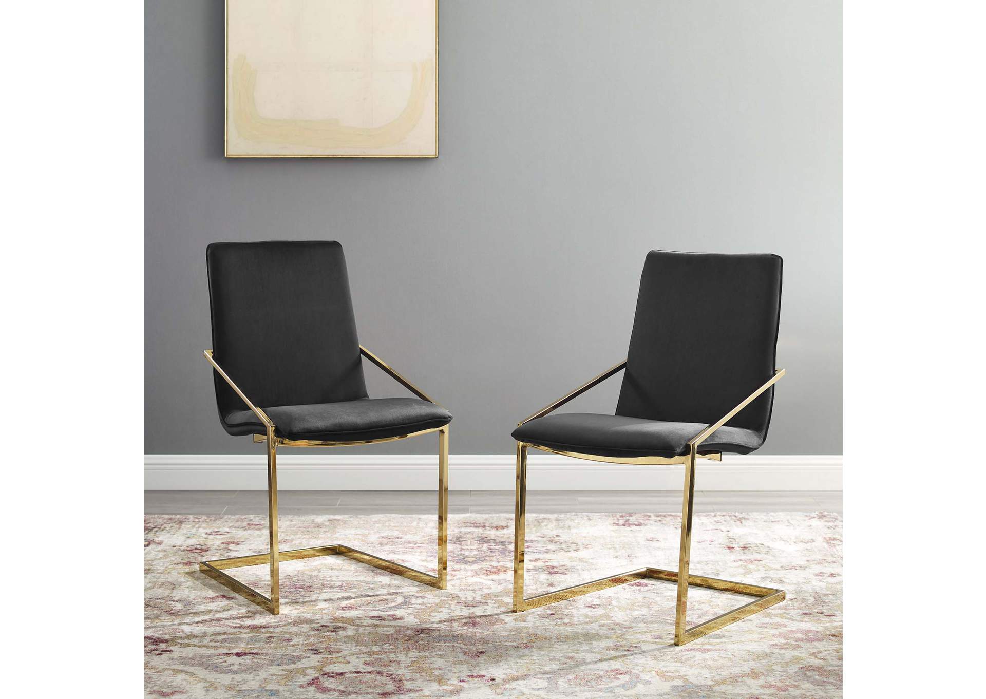 Gold Black Pitch Arm Dining Chair Performance Velvet [Set of 2],Modway