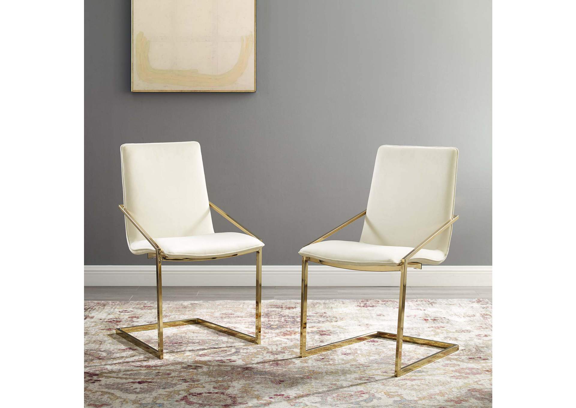 Gold Ivory Pitch Arm Dining Chair Performance Velvet [Set of 2],Modway