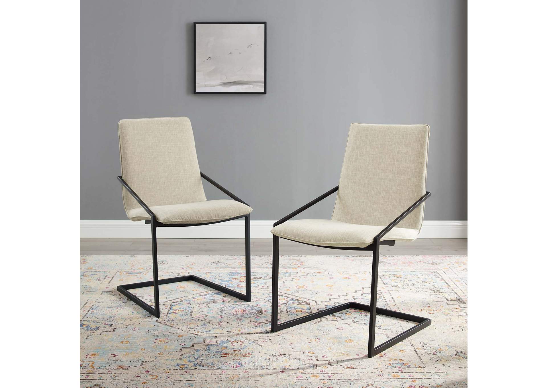 Black Beige Pitch Arm Dining Chair Upholstered Fabric [Set of 2],Modway