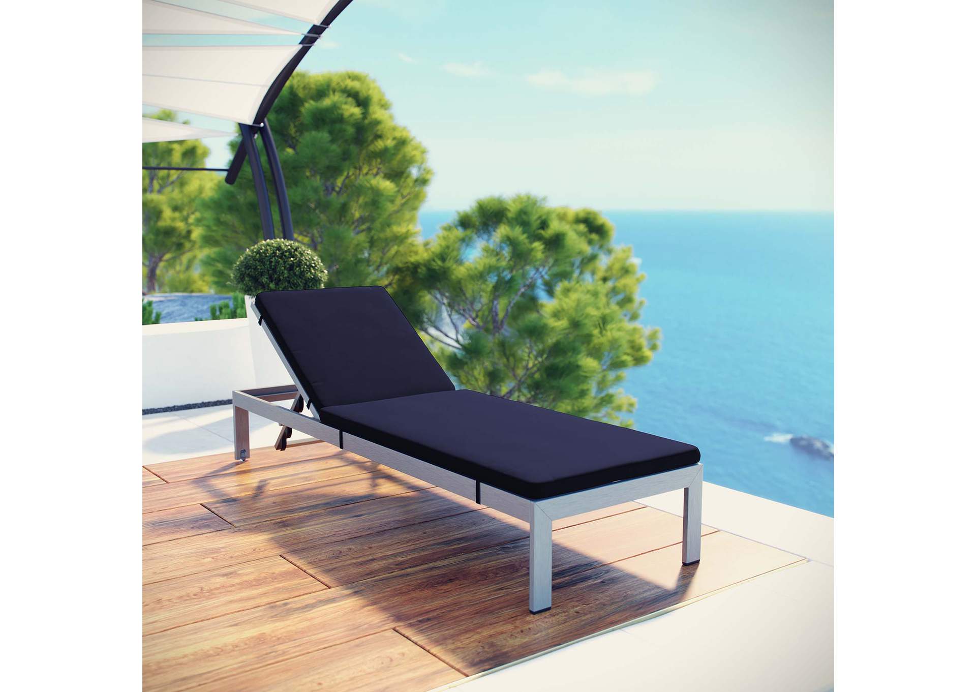 Silver Navy Shore Outdoor Patio Aluminum Chaise with Cushions,Modway