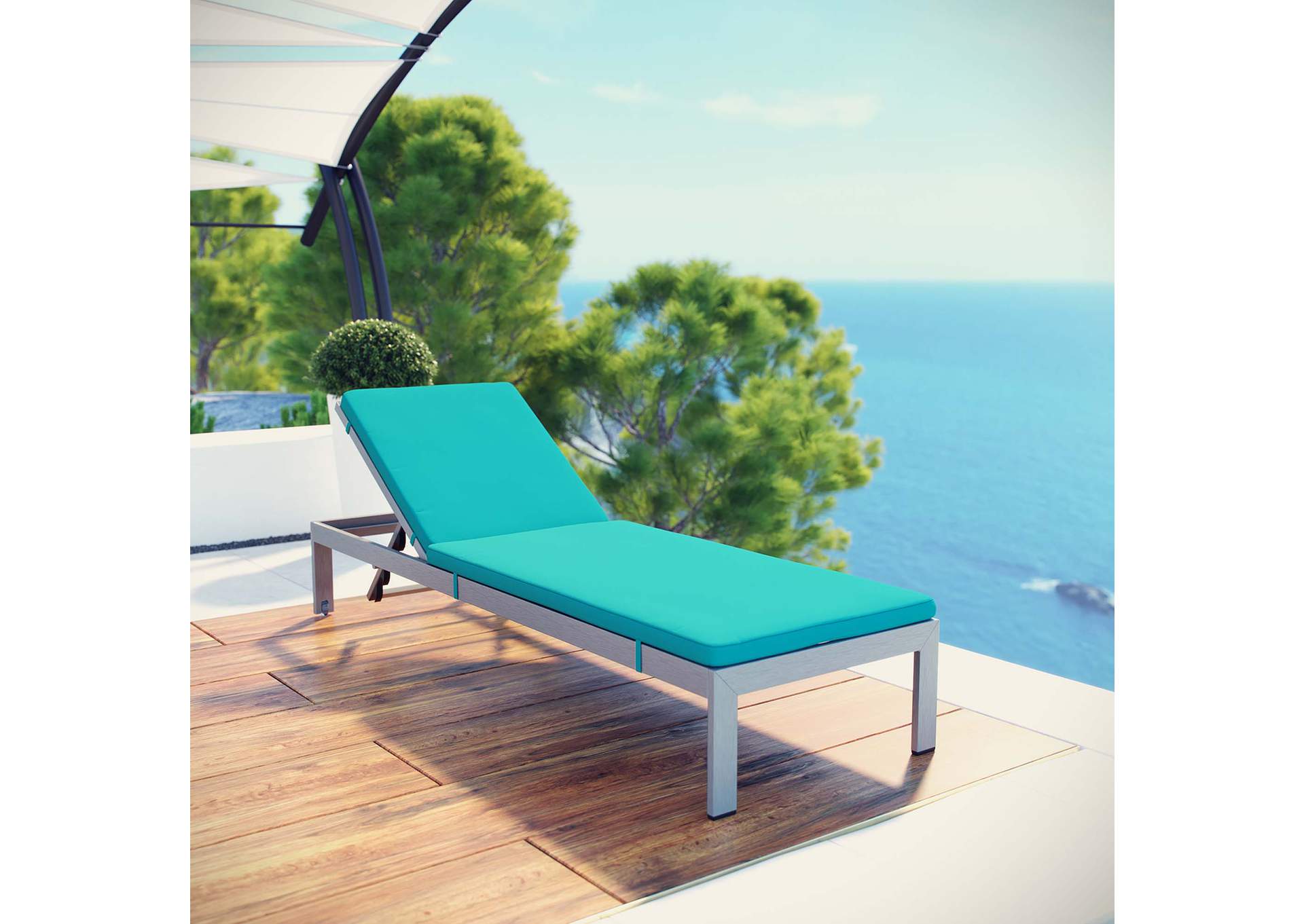 Silver Turquoise Shore Outdoor Patio Aluminum Chaise with Cushions,Modway